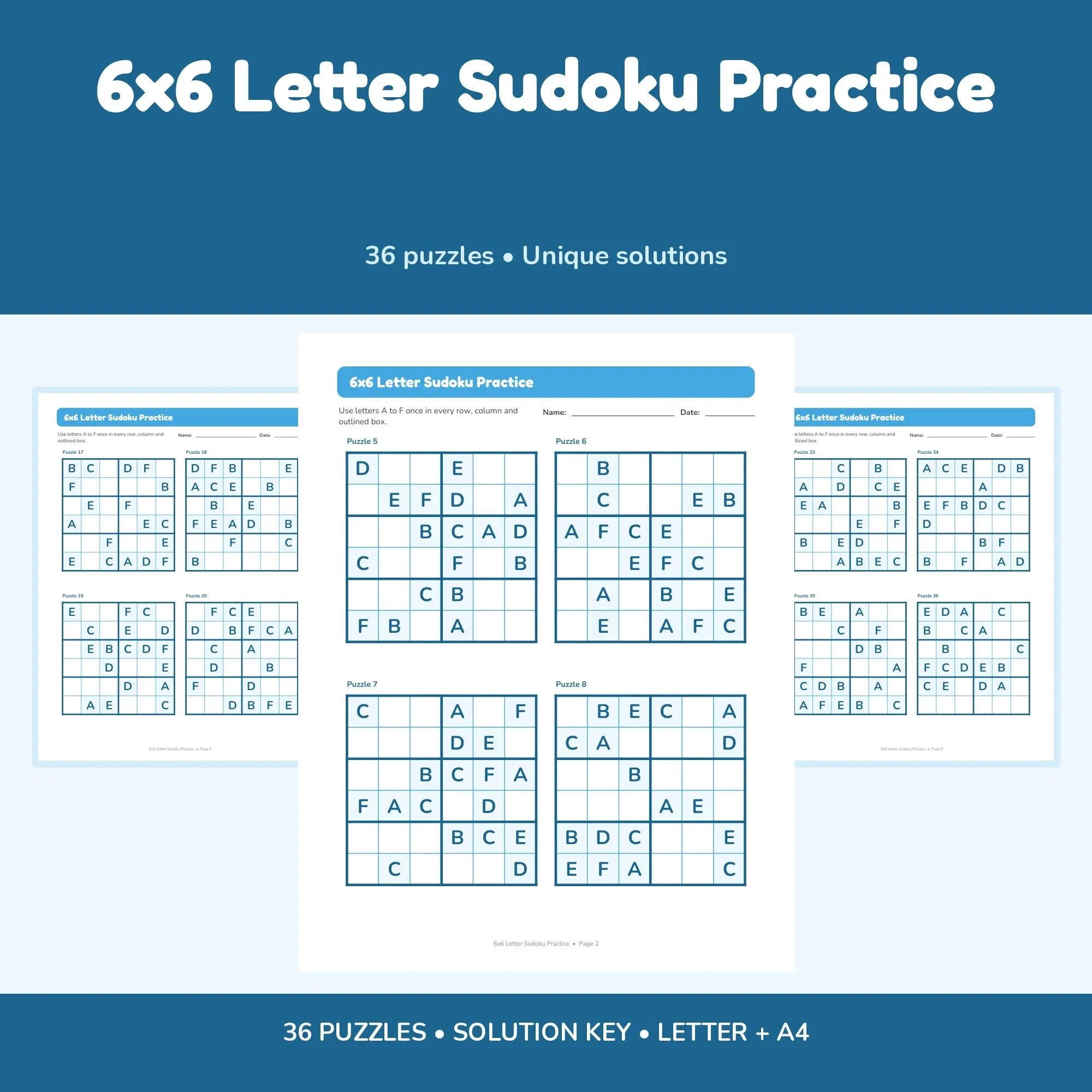 6x6 Letter Sudoku Practice - 36 Puzzles + Solutions preview