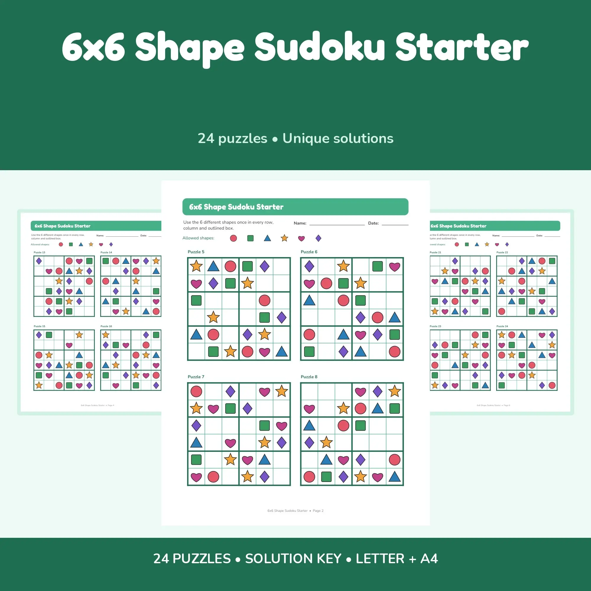 6x6 Shape Sudoku Starter - 24 Puzzles + Solutions preview