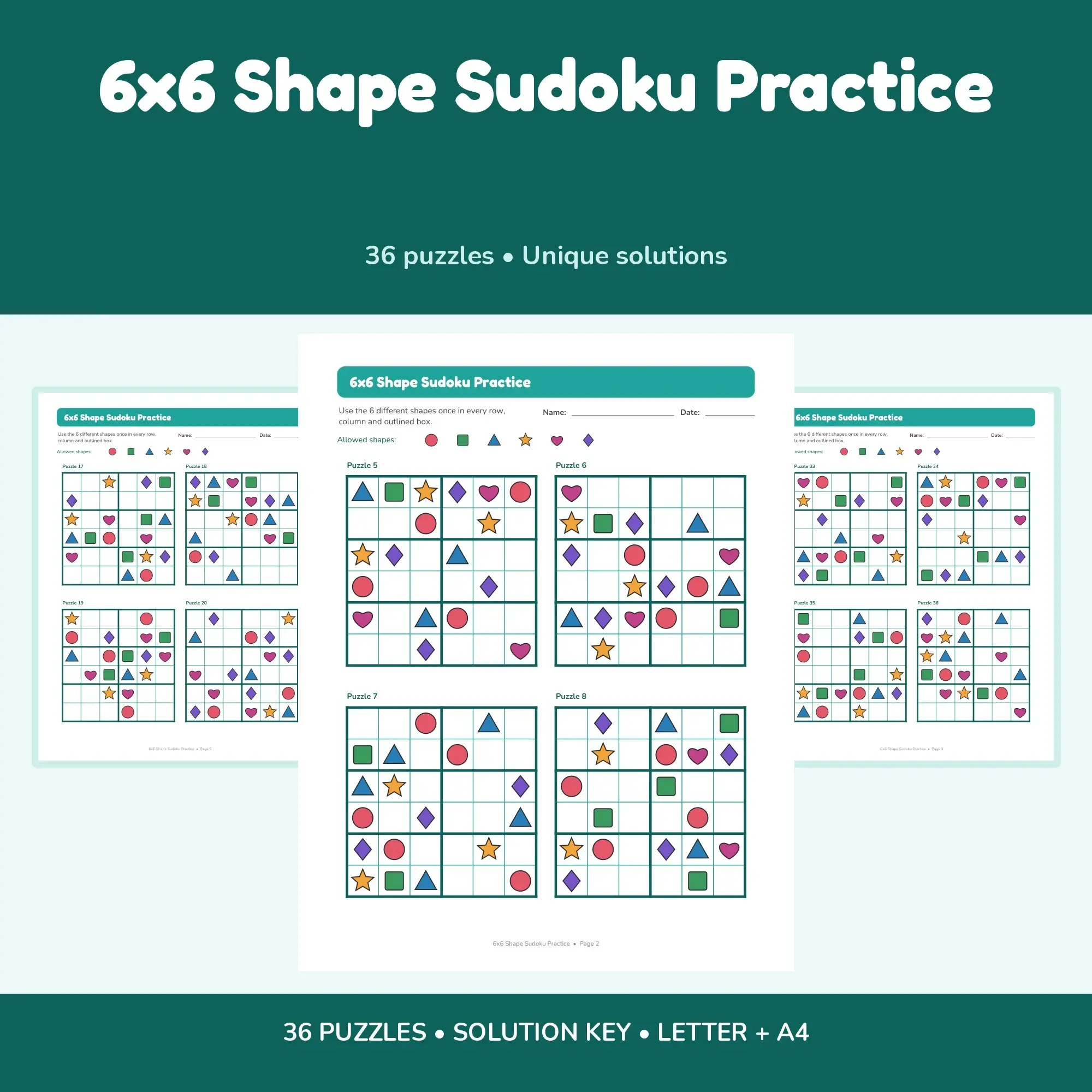 6x6 Shape Sudoku Practice - 36 Puzzles + Solutions preview