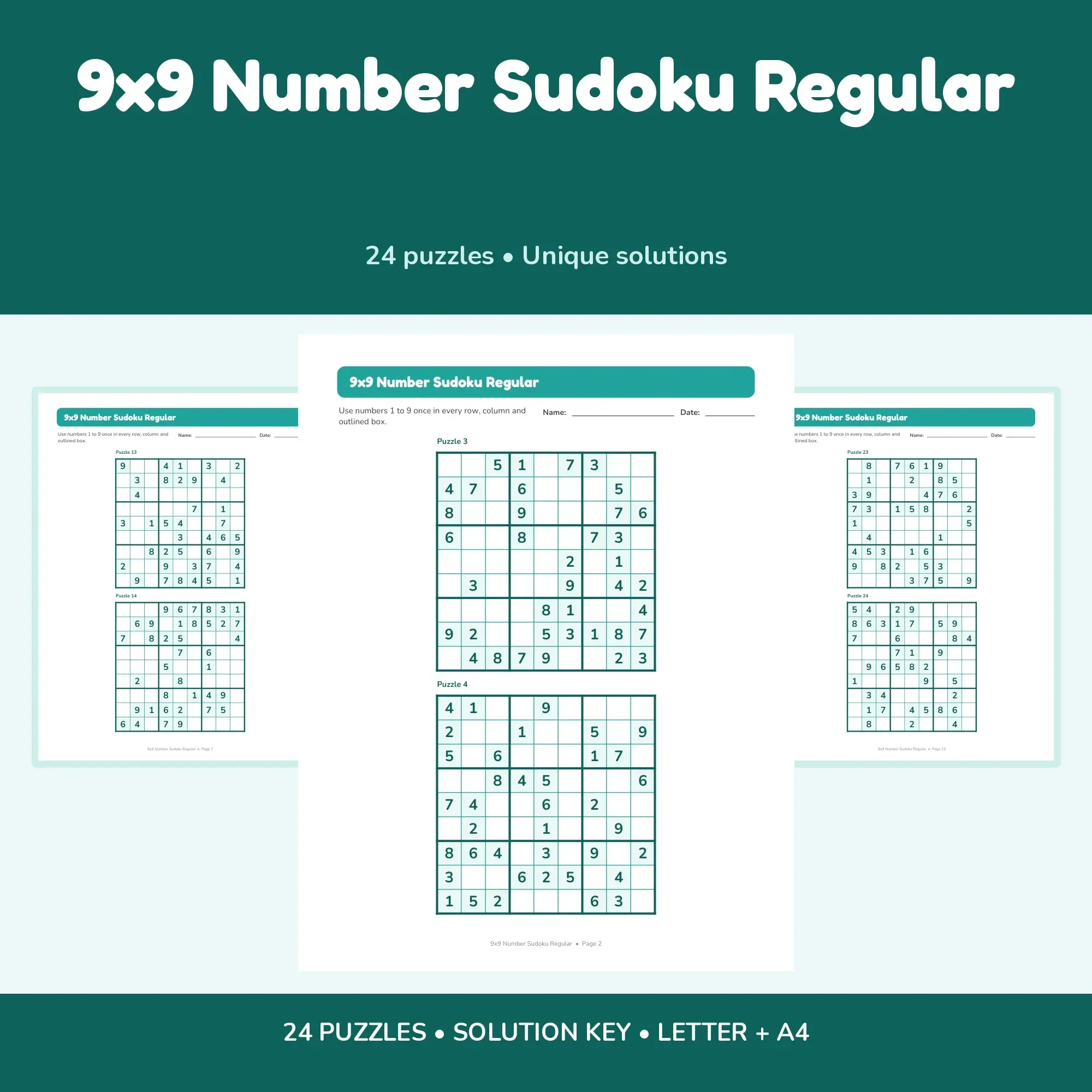 9x9 Number Sudoku Regular - 24 Puzzles + Solutions preview