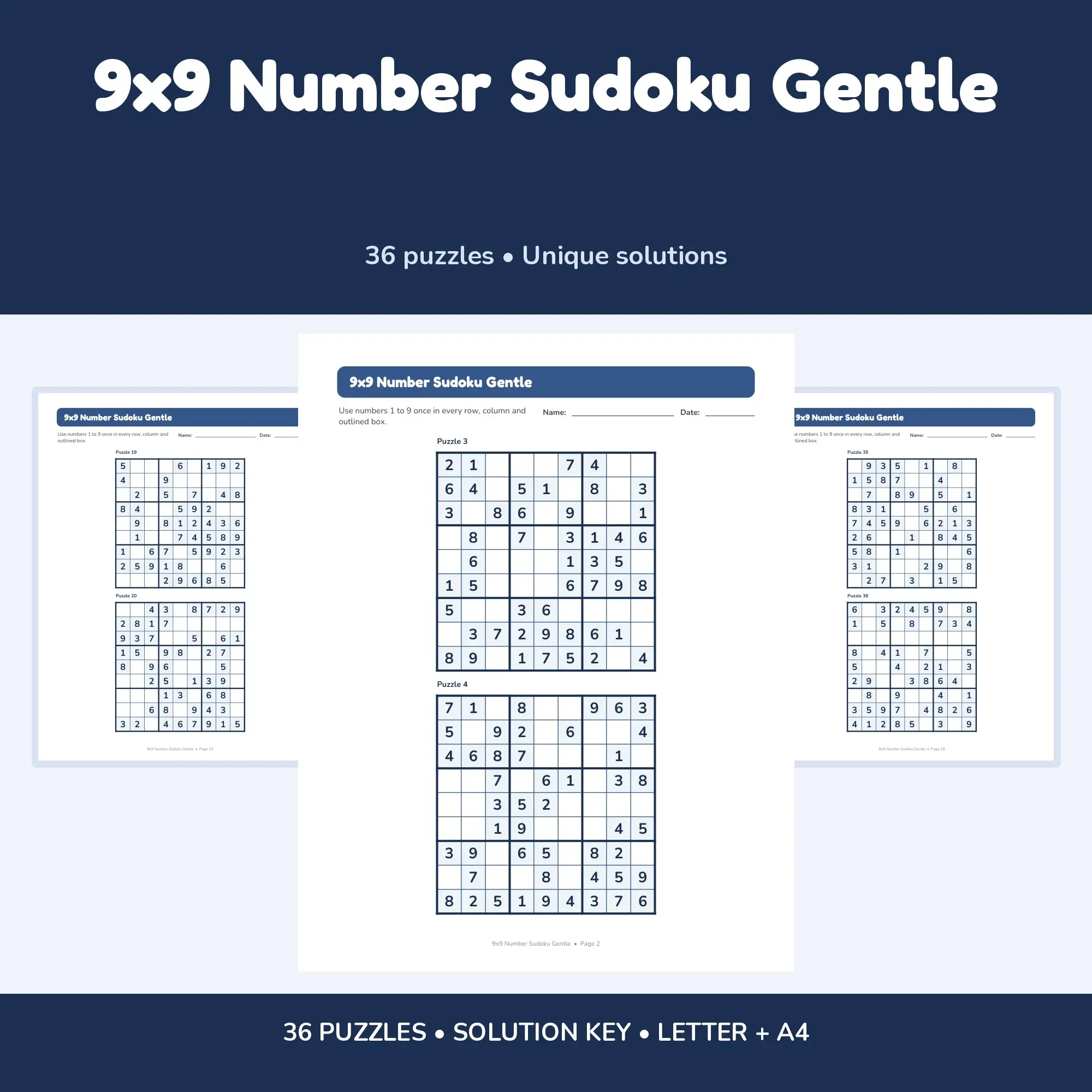 9x9 Number Sudoku Gentle - 36 Puzzles + Solutions preview