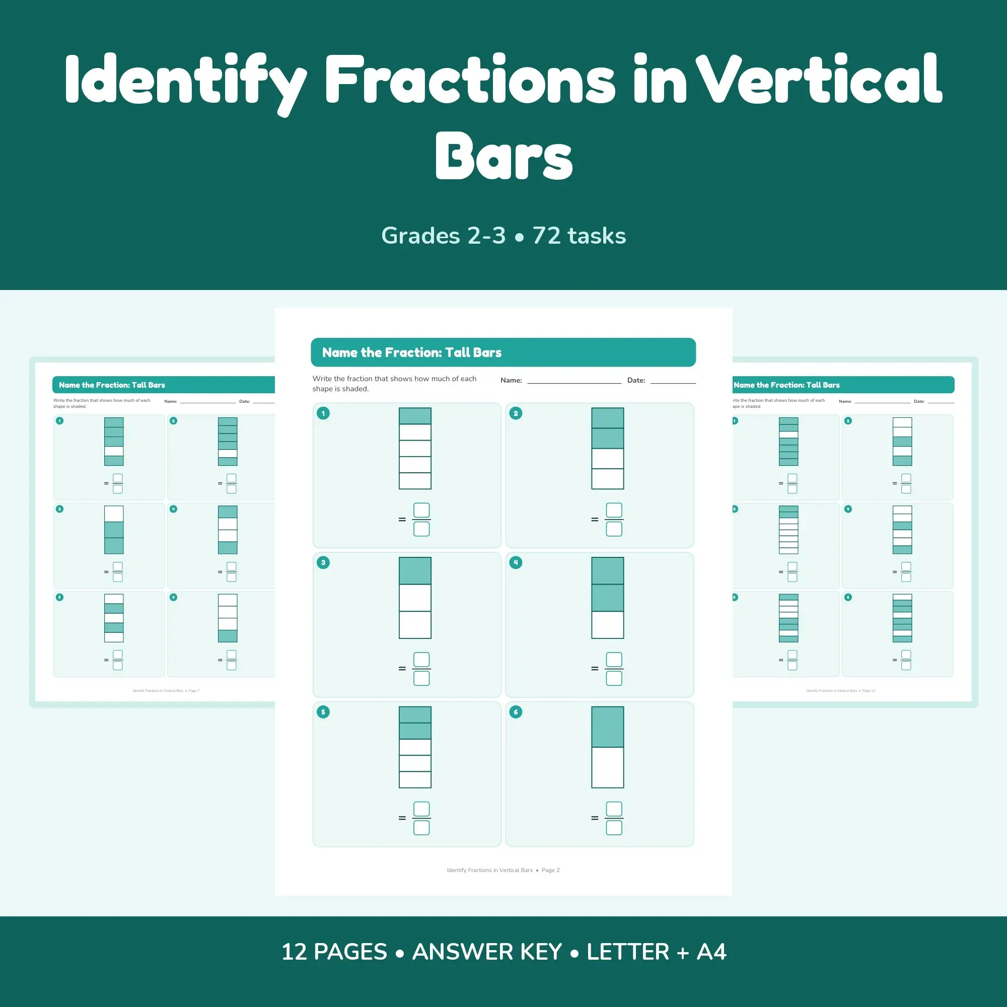 Identify Fractions in Vertical Bars - 12 Worksheets + Key preview