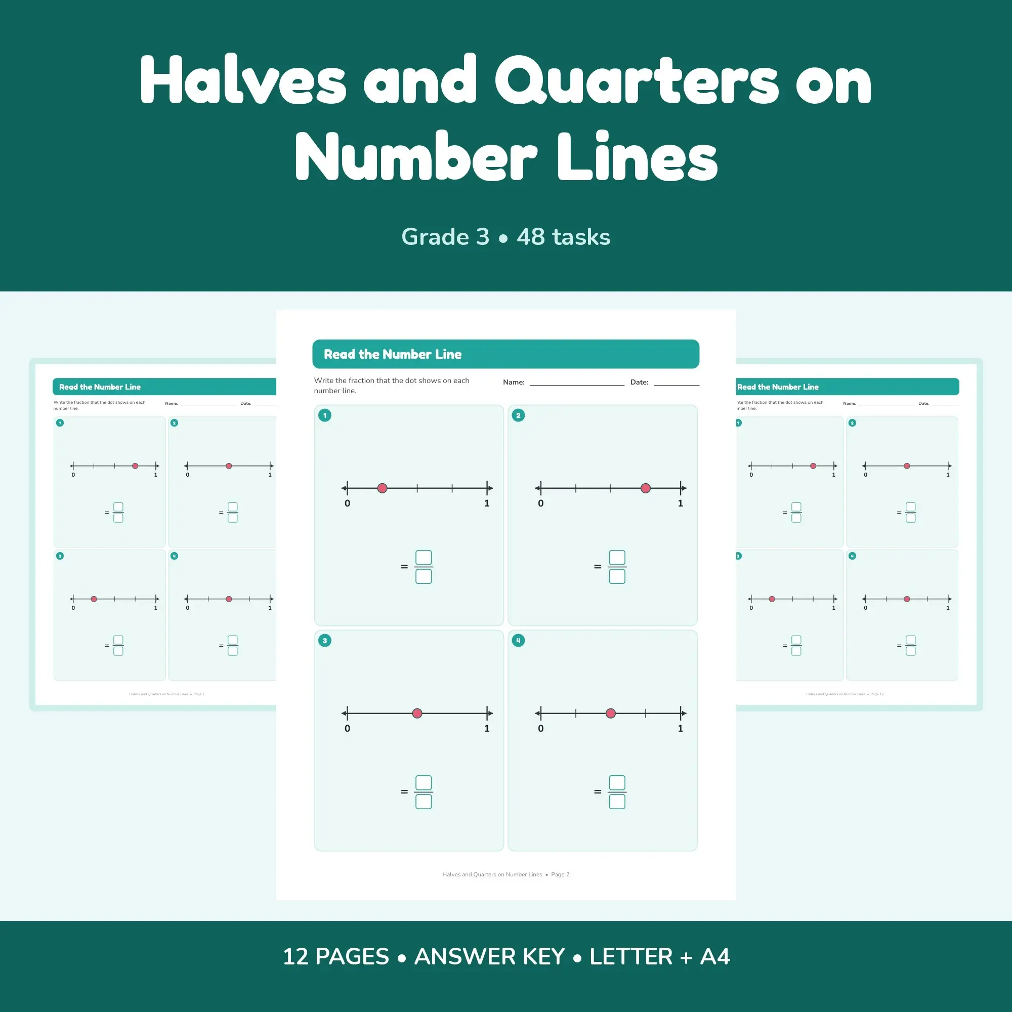 Halves and Quarters on Number Lines - 12 Worksheets + Key preview