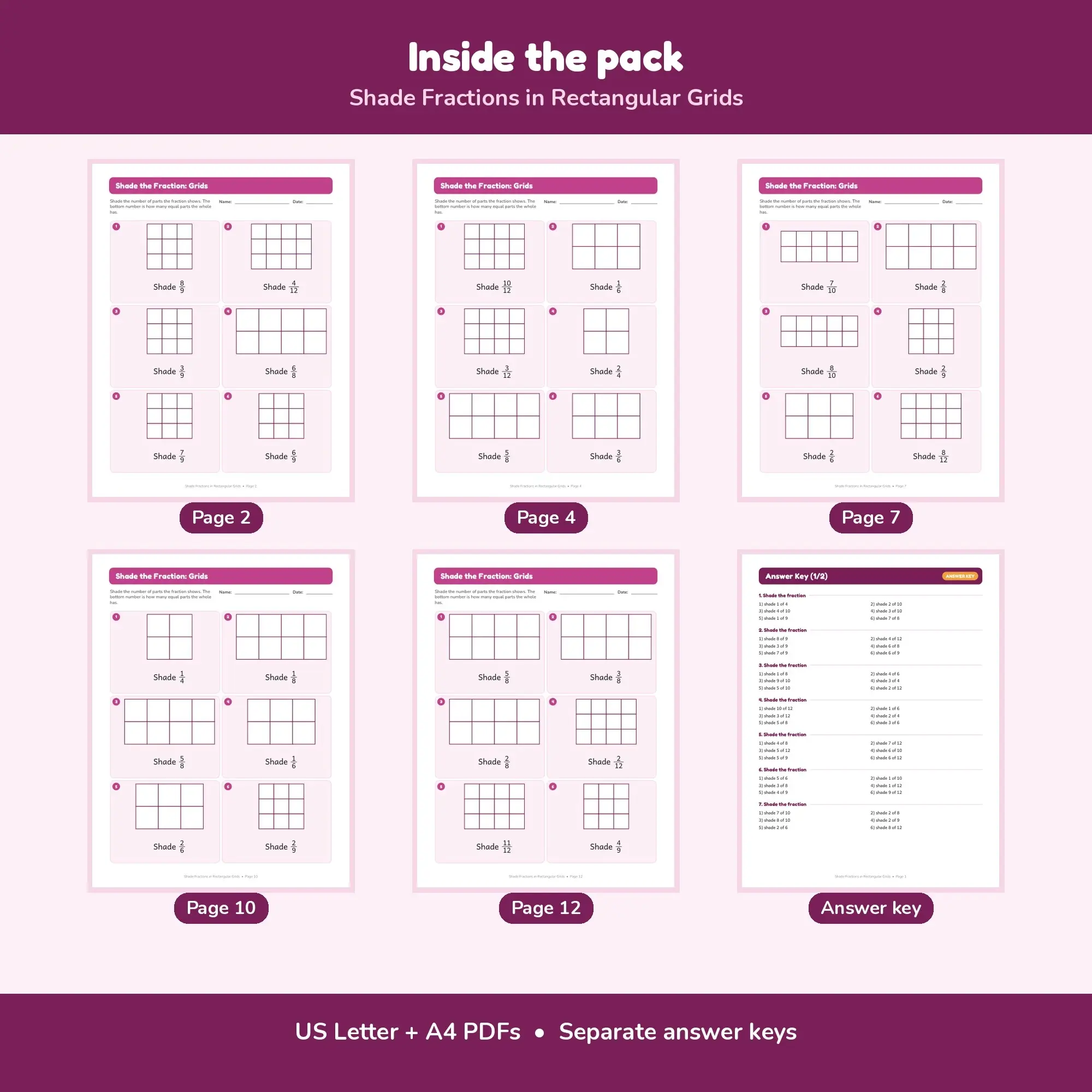 Shade Fractions in Rectangular Grids - 12 Worksheets + Key, preview 2 of 2