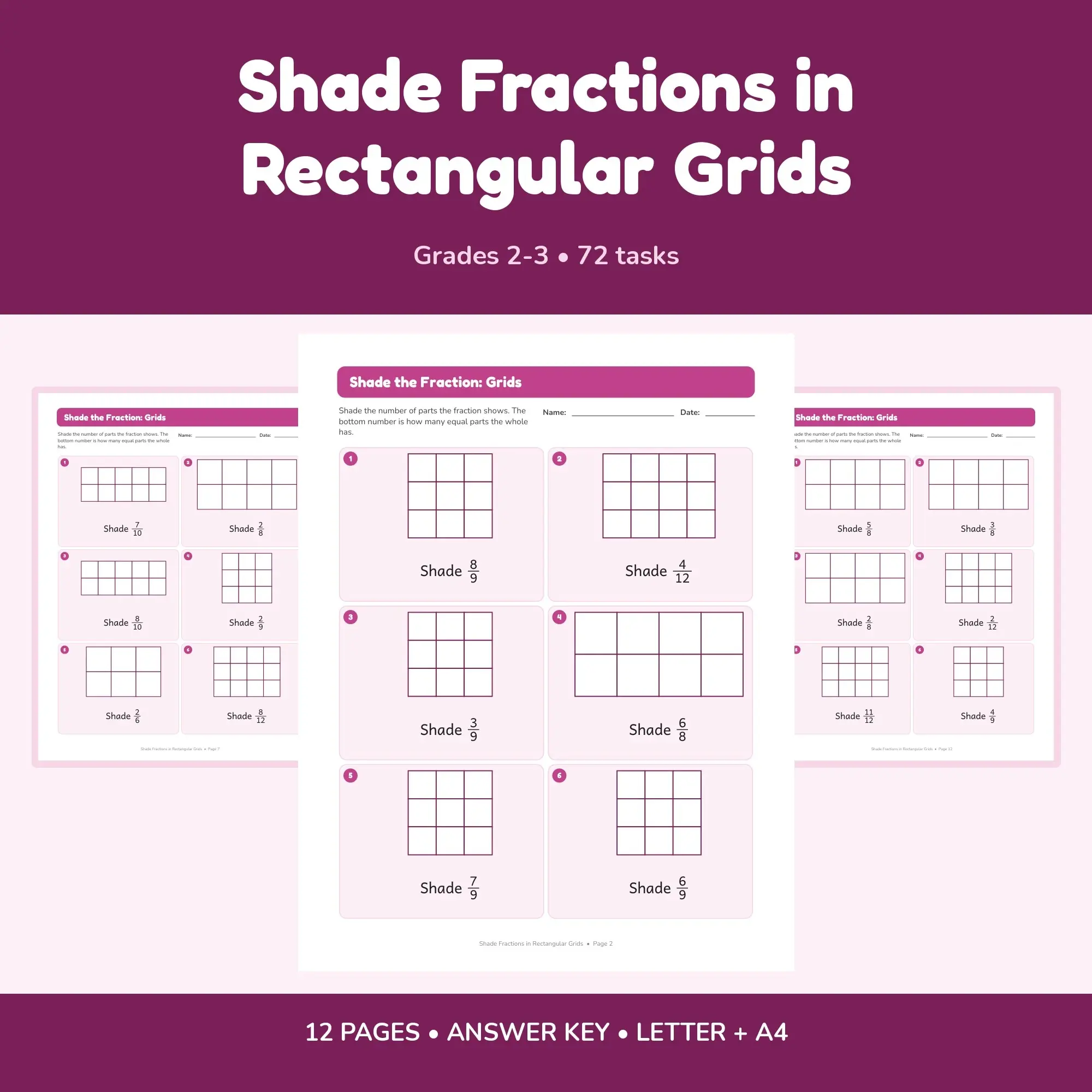 Shade Fractions in Rectangular Grids - 12 Worksheets + Key, preview 1 of 2