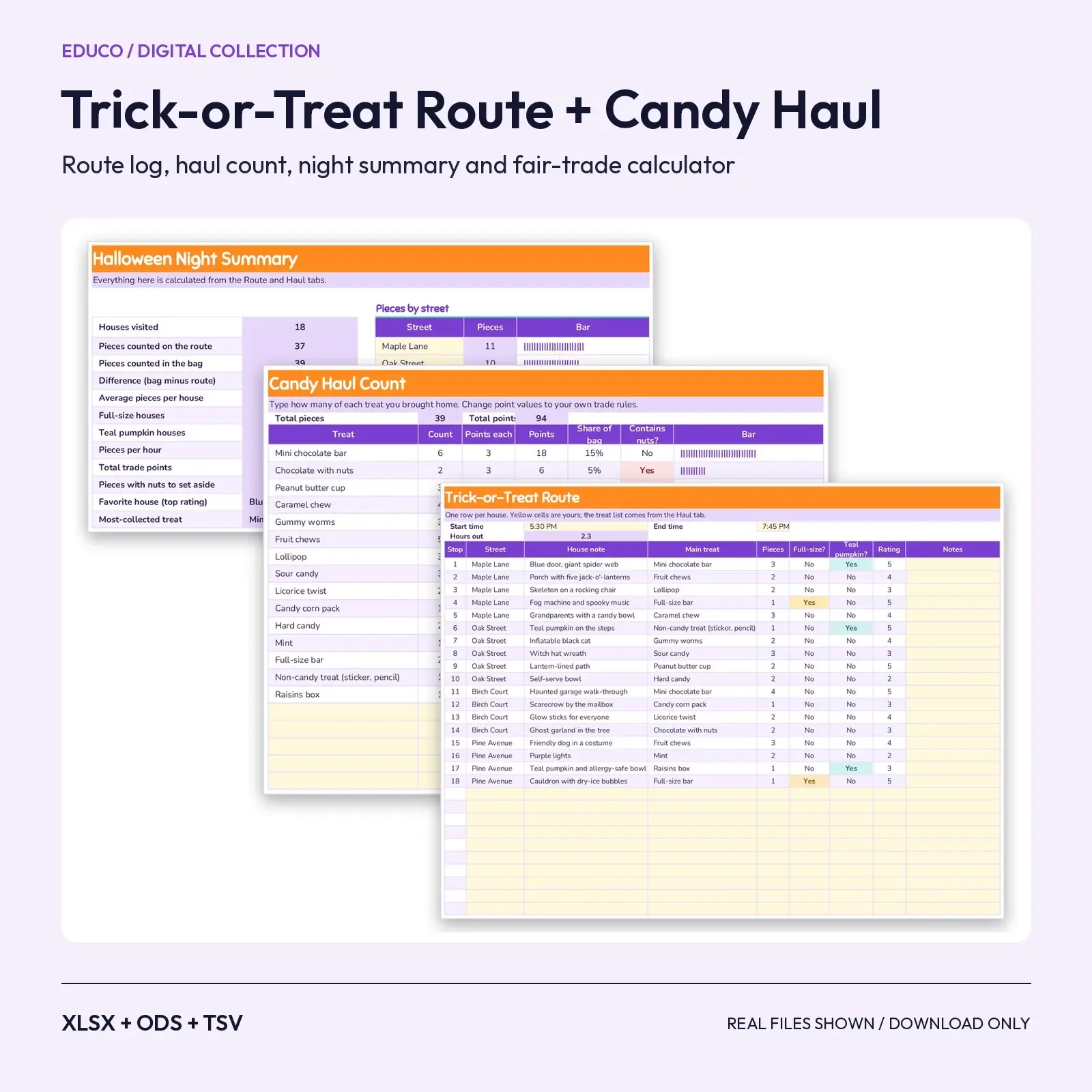 Trick-or-Treat Route and Candy Haul Tracker Spreadsheet – Route Log, Candy Count and Fair Trade Calculator preview