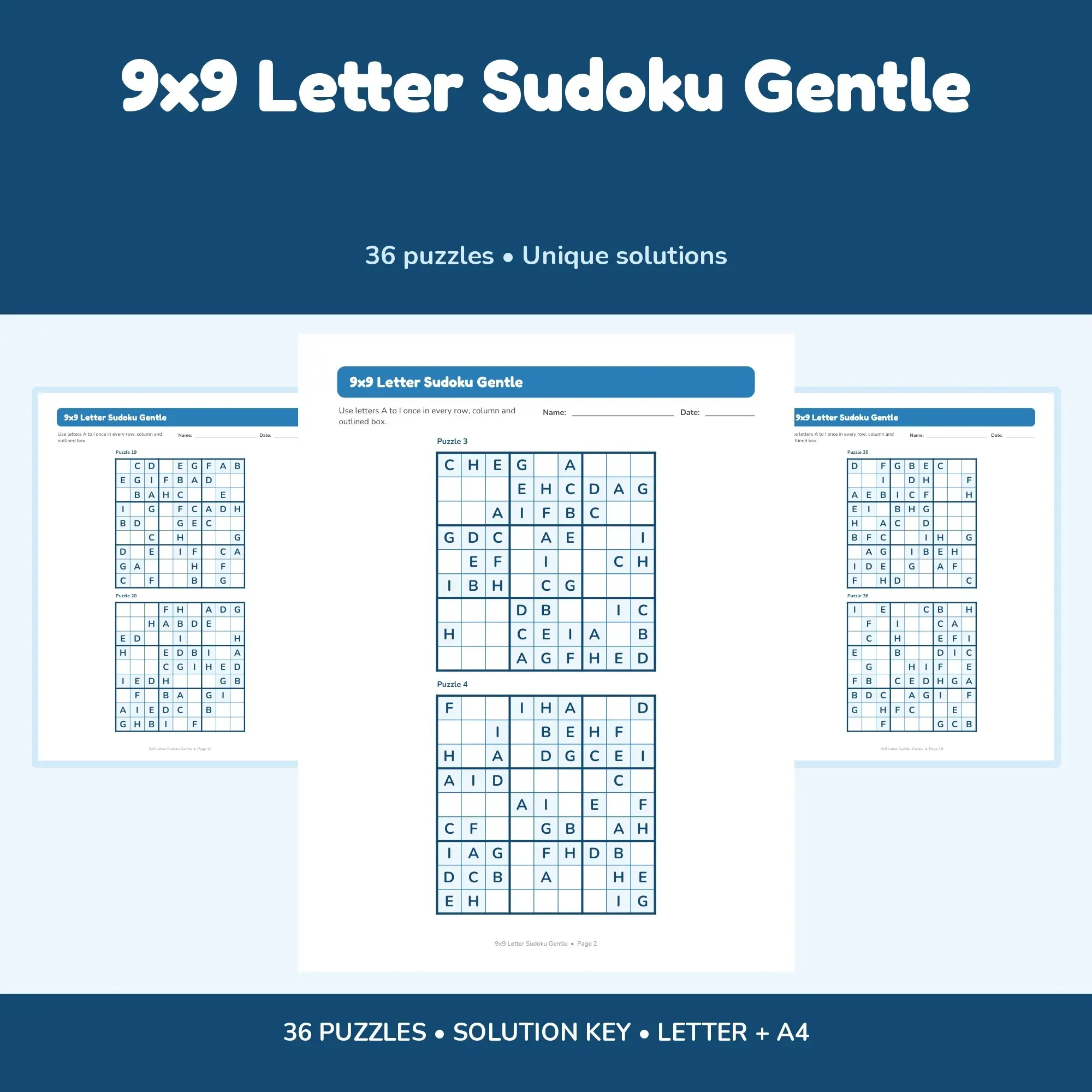 9x9 Letter Sudoku Gentle - 36 Puzzles + Solutions preview