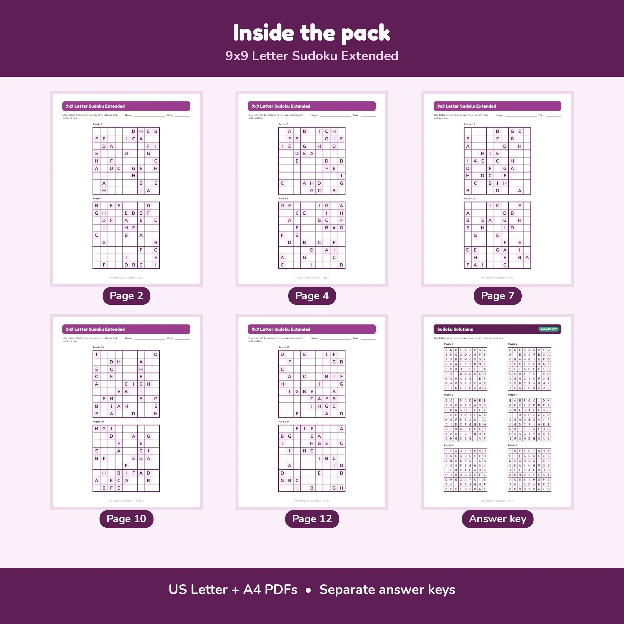 9x9 Letter Sudoku Extended - 24 Puzzles + Solutions, preview 2 of 2