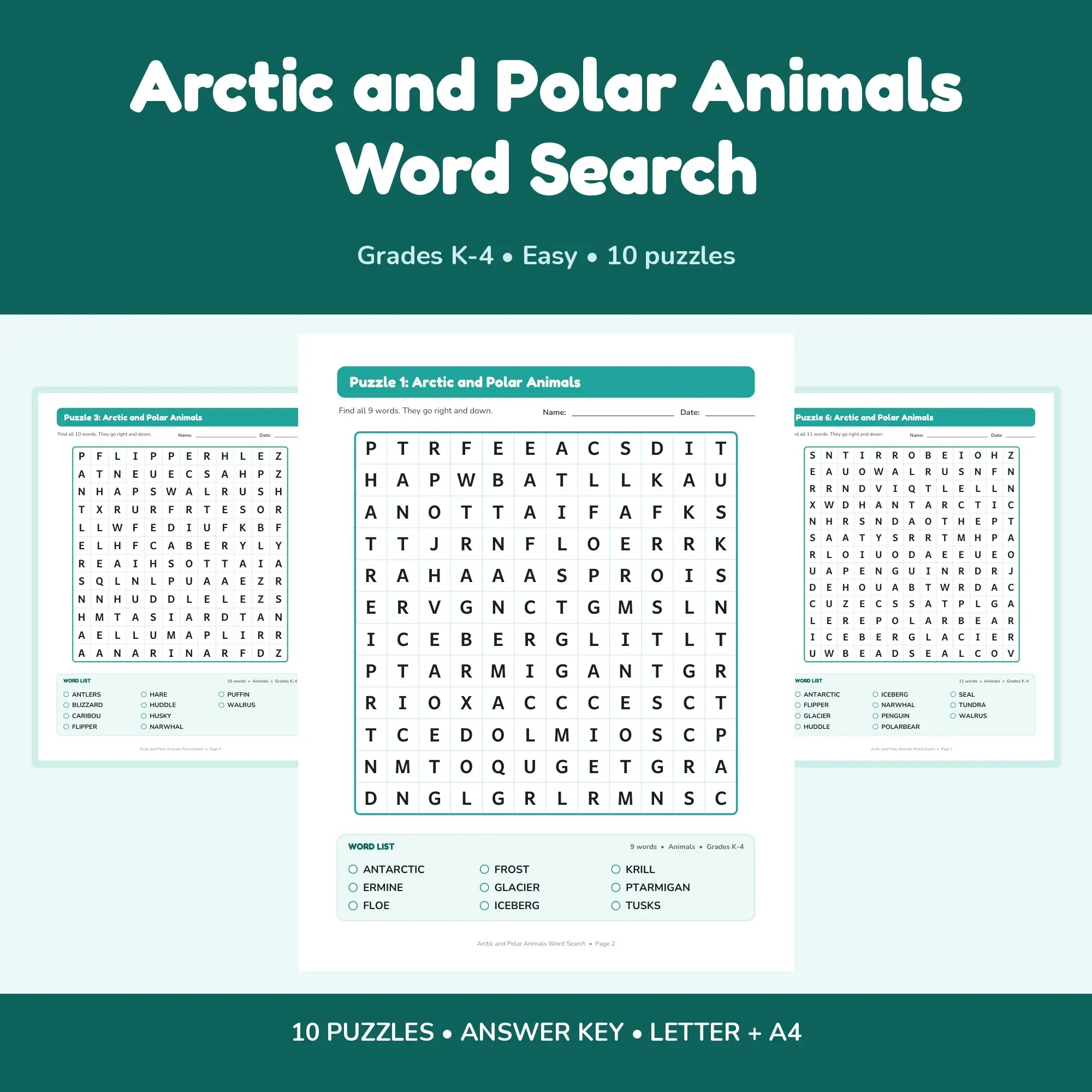 Arctic and Polar Animals Word Find Puzzles - 10 Printable Puzzle Pages, Grades K-4 + Key preview