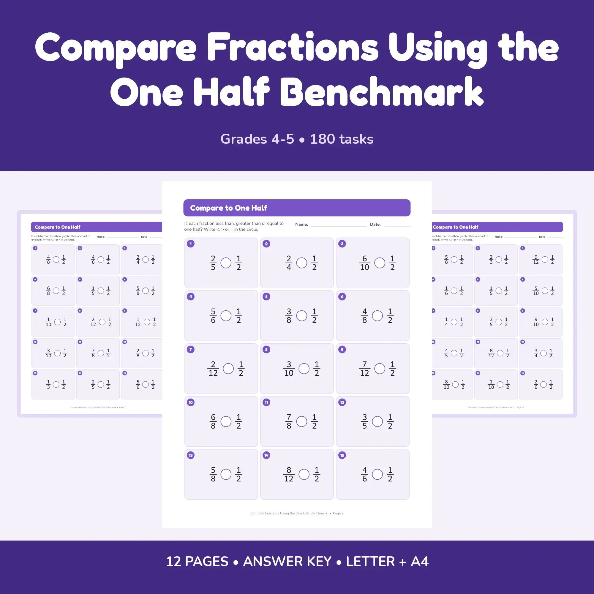 Compare Fractions Using the One Half Benchmark - 12 Worksheets + Key preview