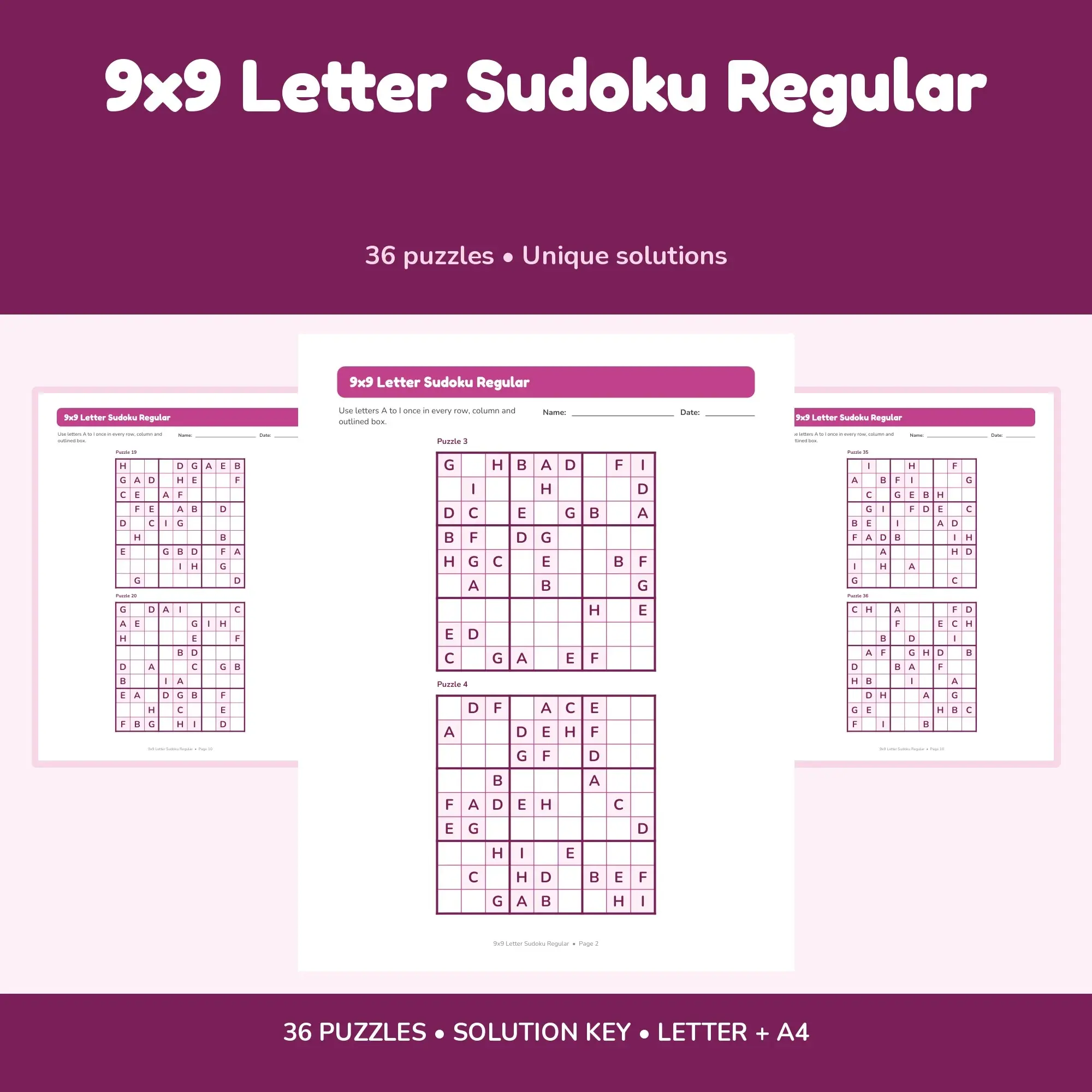 9x9 Letter Sudoku Regular - 36 Puzzles + Solutions preview