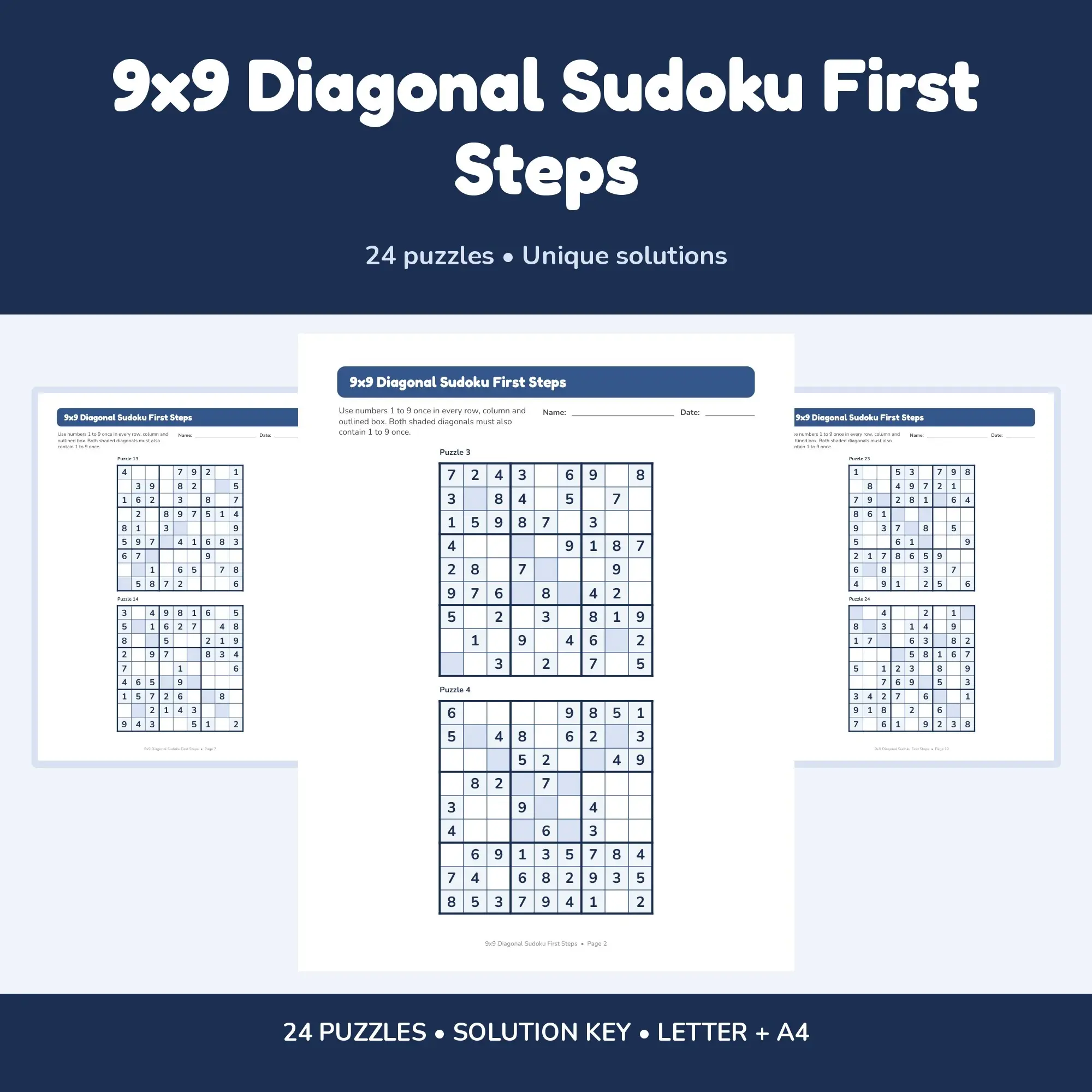 9x9 Diagonal Sudoku First Steps - 24 Puzzles + Solutions preview