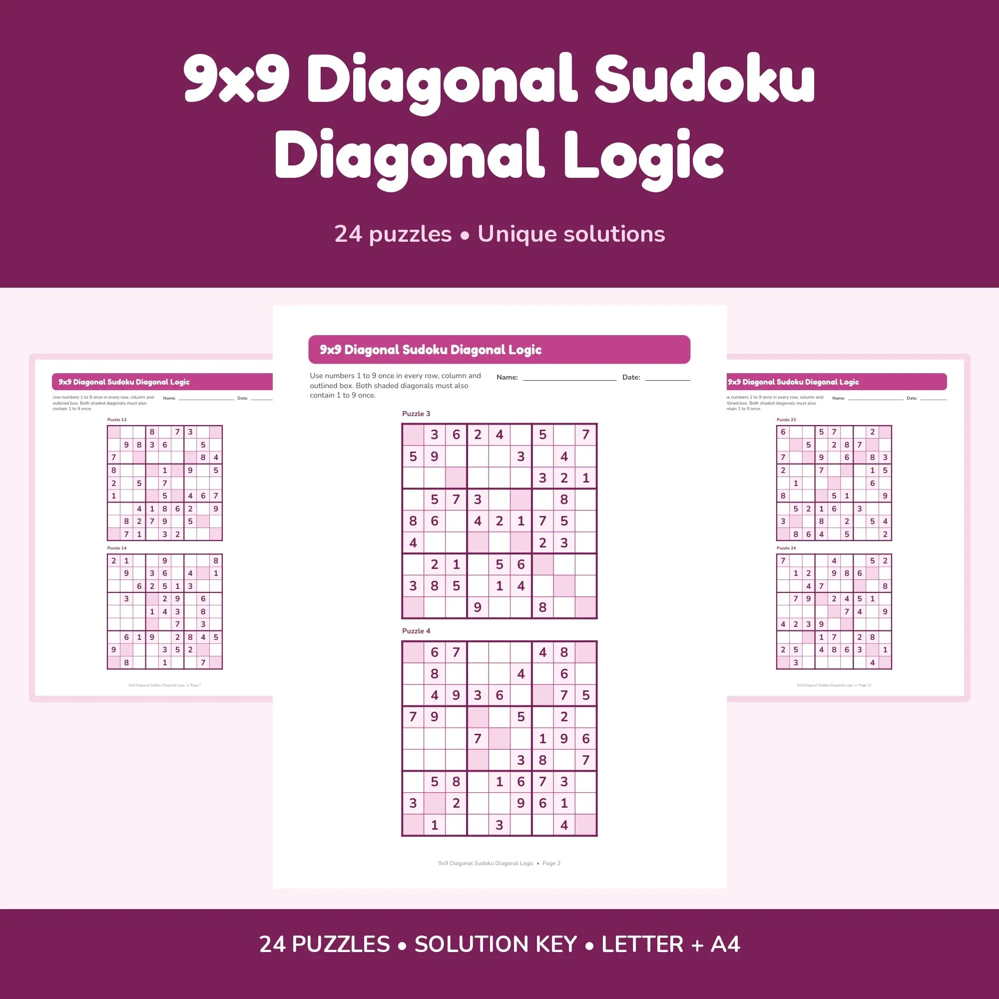 9x9 Diagonal Sudoku Diagonal Logic - 24 Puzzles + Solutions preview