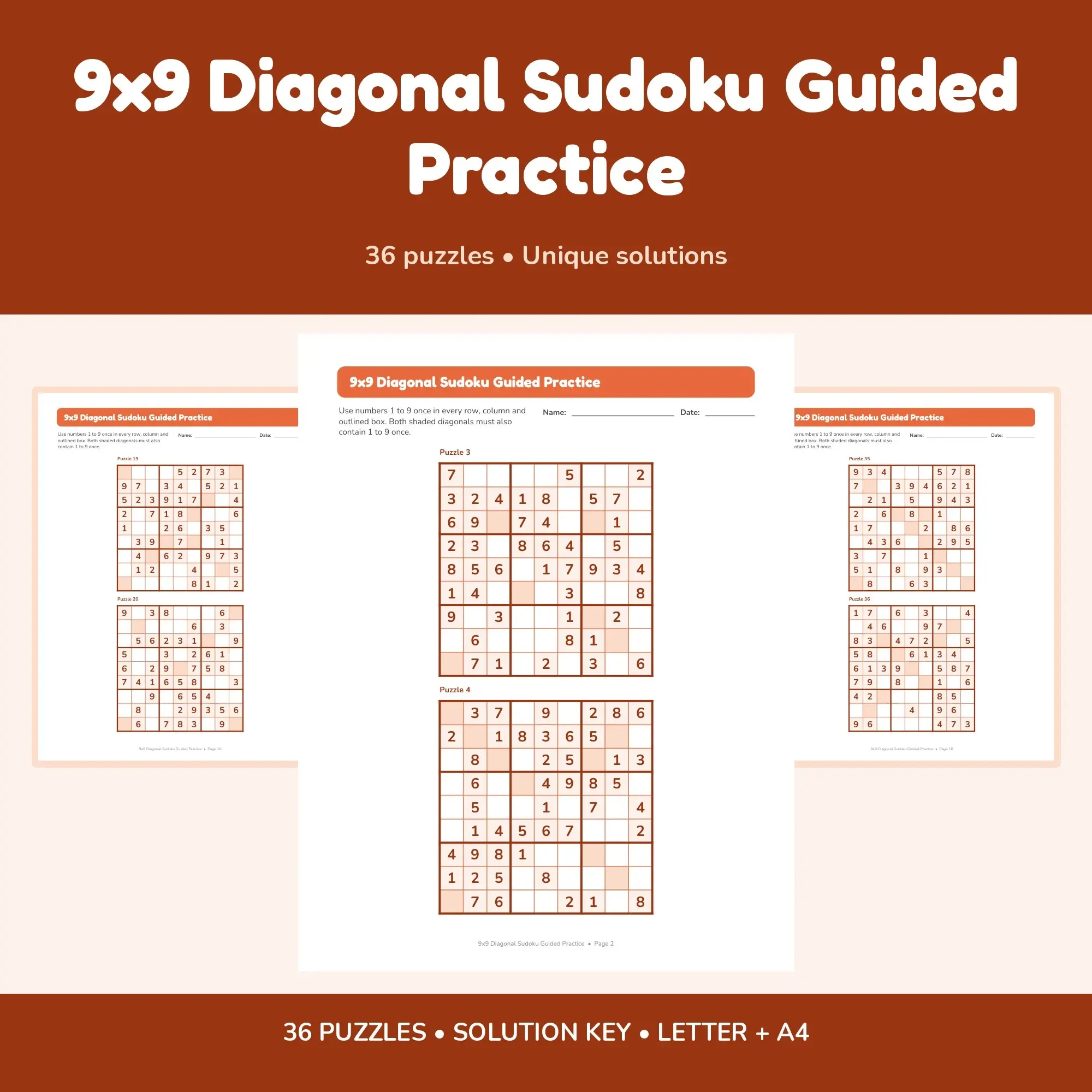 9x9 Diagonal Sudoku Guided Practice - 36 Puzzles + Solutions preview