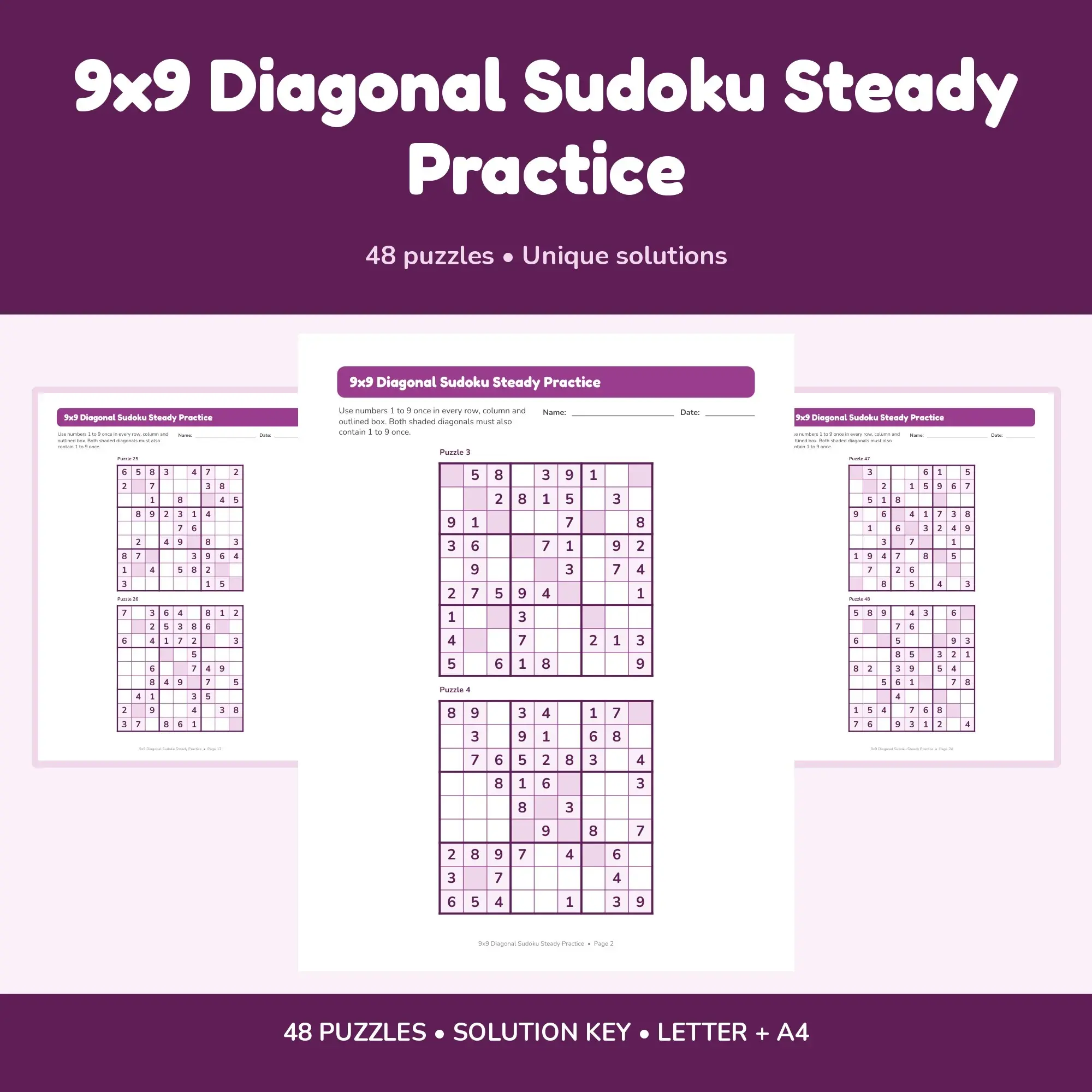 9x9 Diagonal Sudoku Steady Practice - 48 Puzzles + Solutions preview