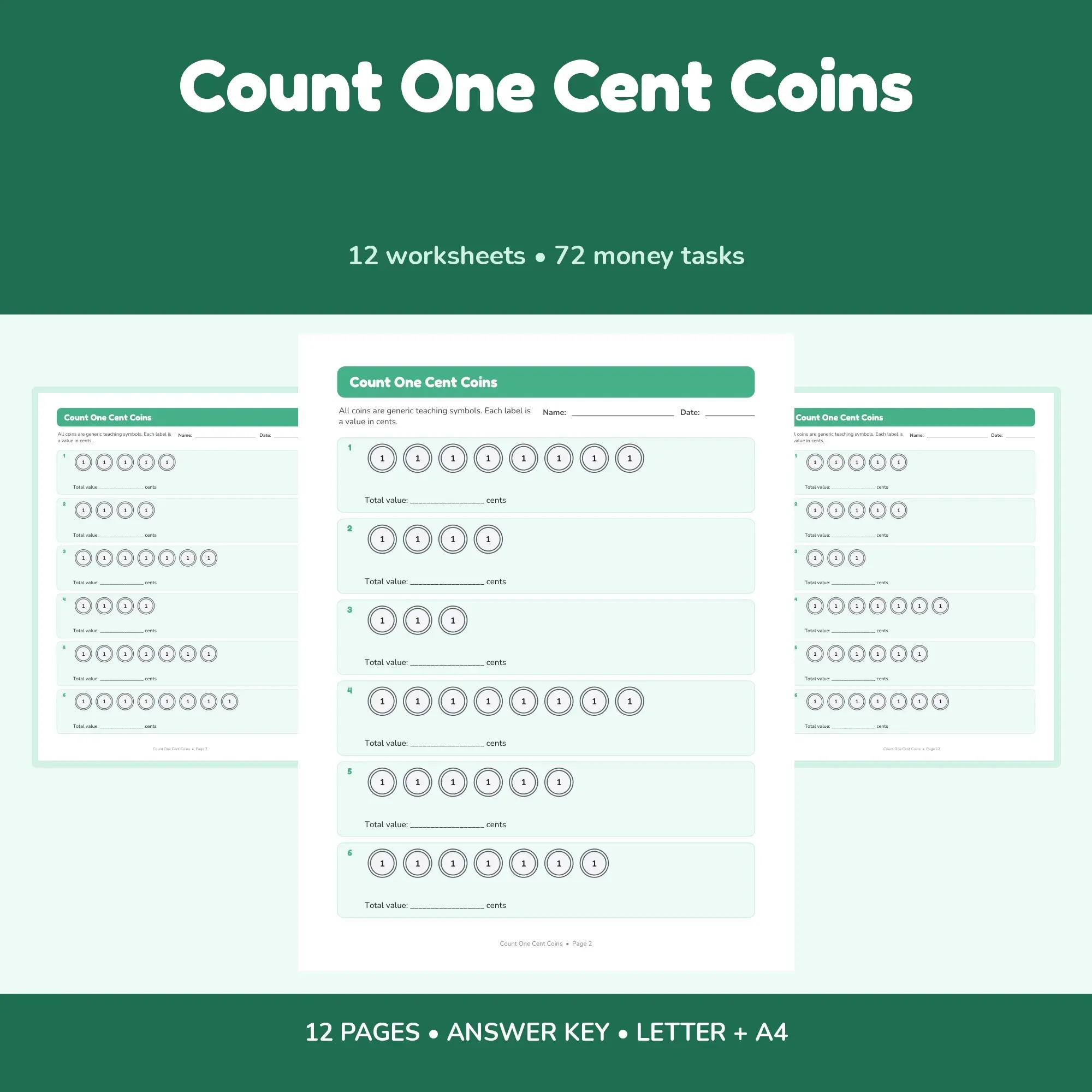 Count One Cent Coins - 12 Worksheets + Answer Key, preview 1 of 2