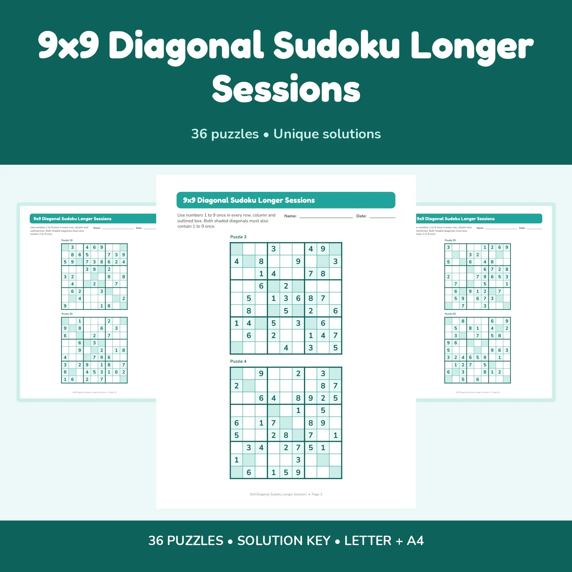 9x9 Diagonal Sudoku Longer Sessions - 36 Puzzles + Solutions preview