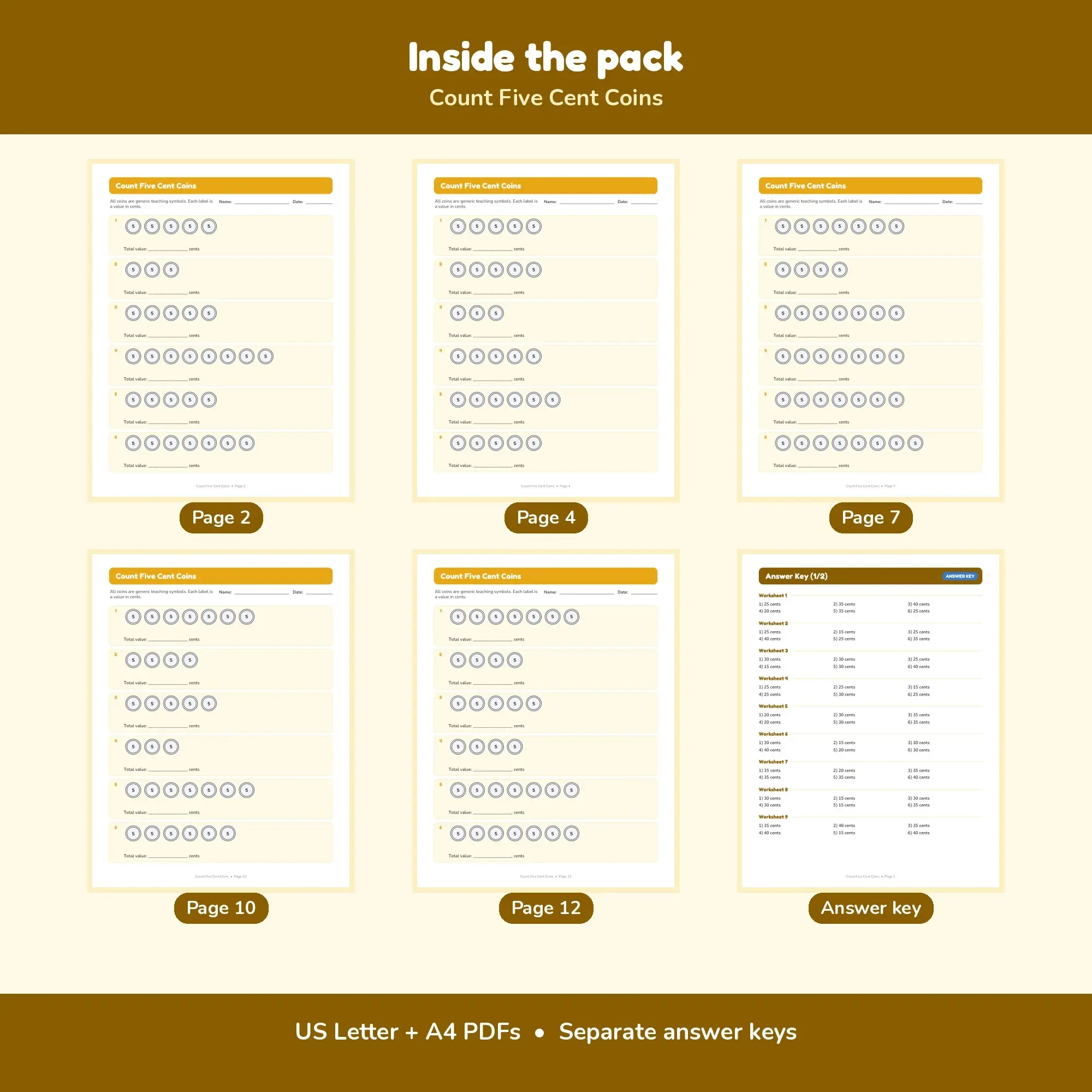 Count Five Cent Coins - 12 Worksheets + Answer Key, preview 2 of 2