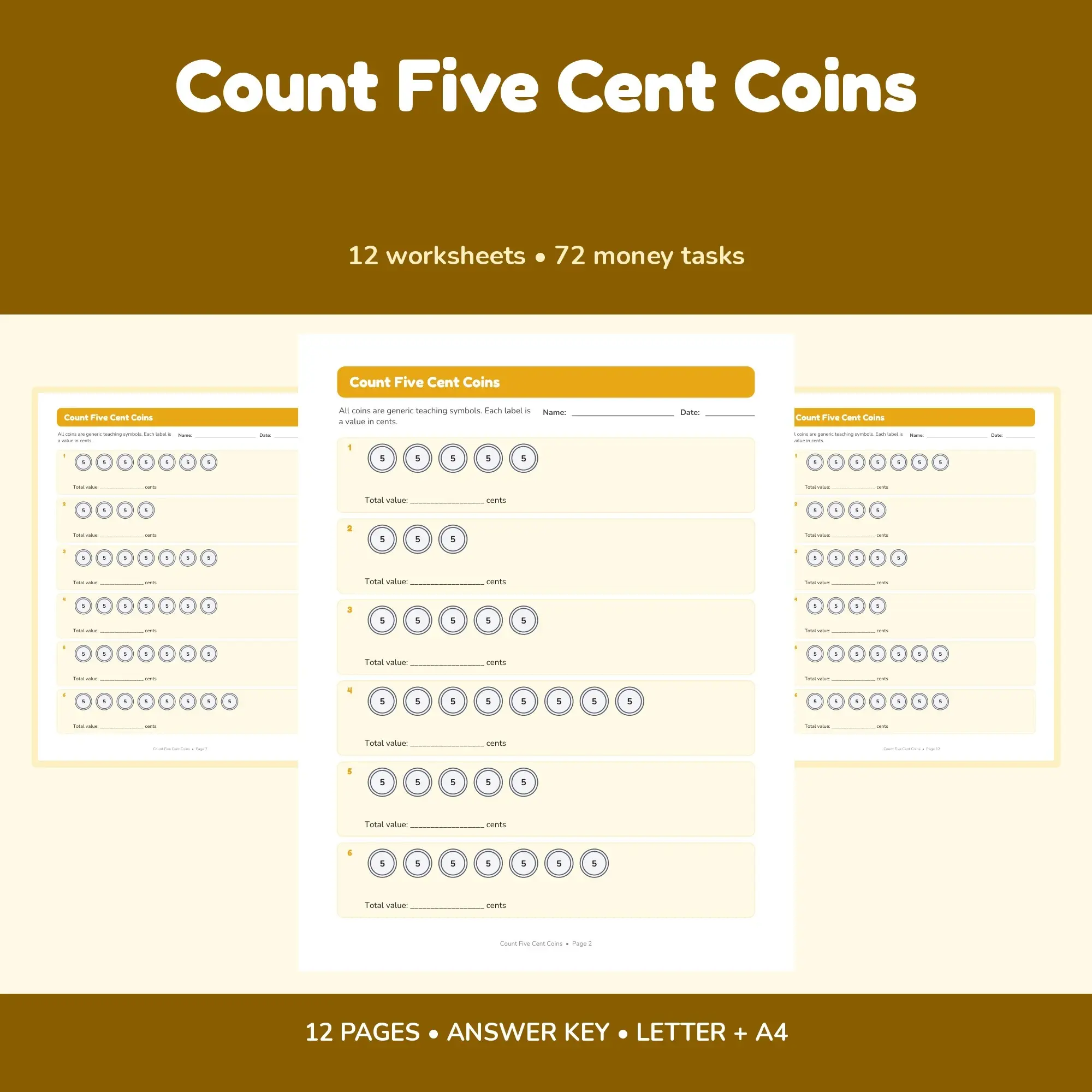 Count Five Cent Coins - 12 Worksheets + Answer Key preview
