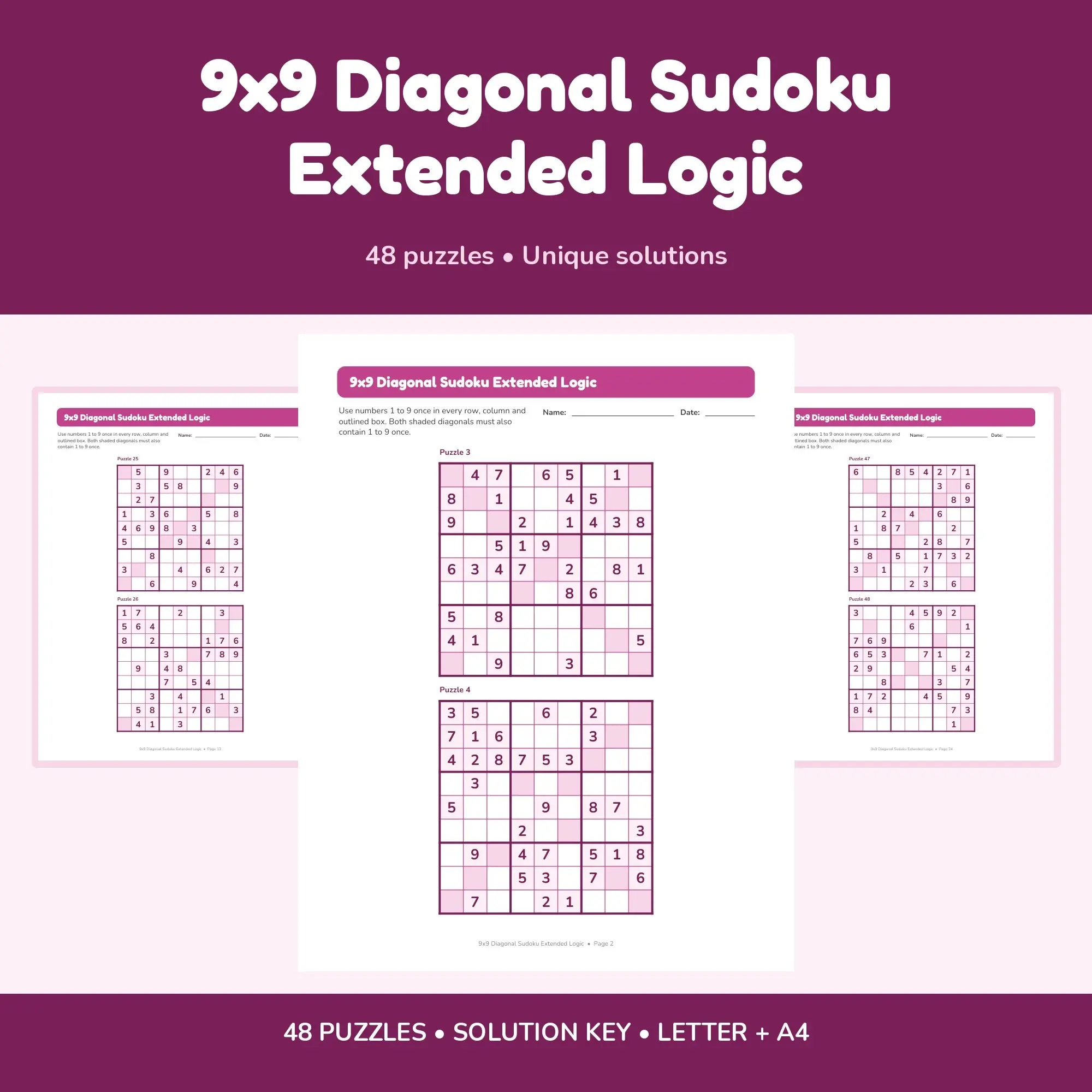 9x9 Diagonal Sudoku Extended Logic - 48 Puzzles + Solutions preview