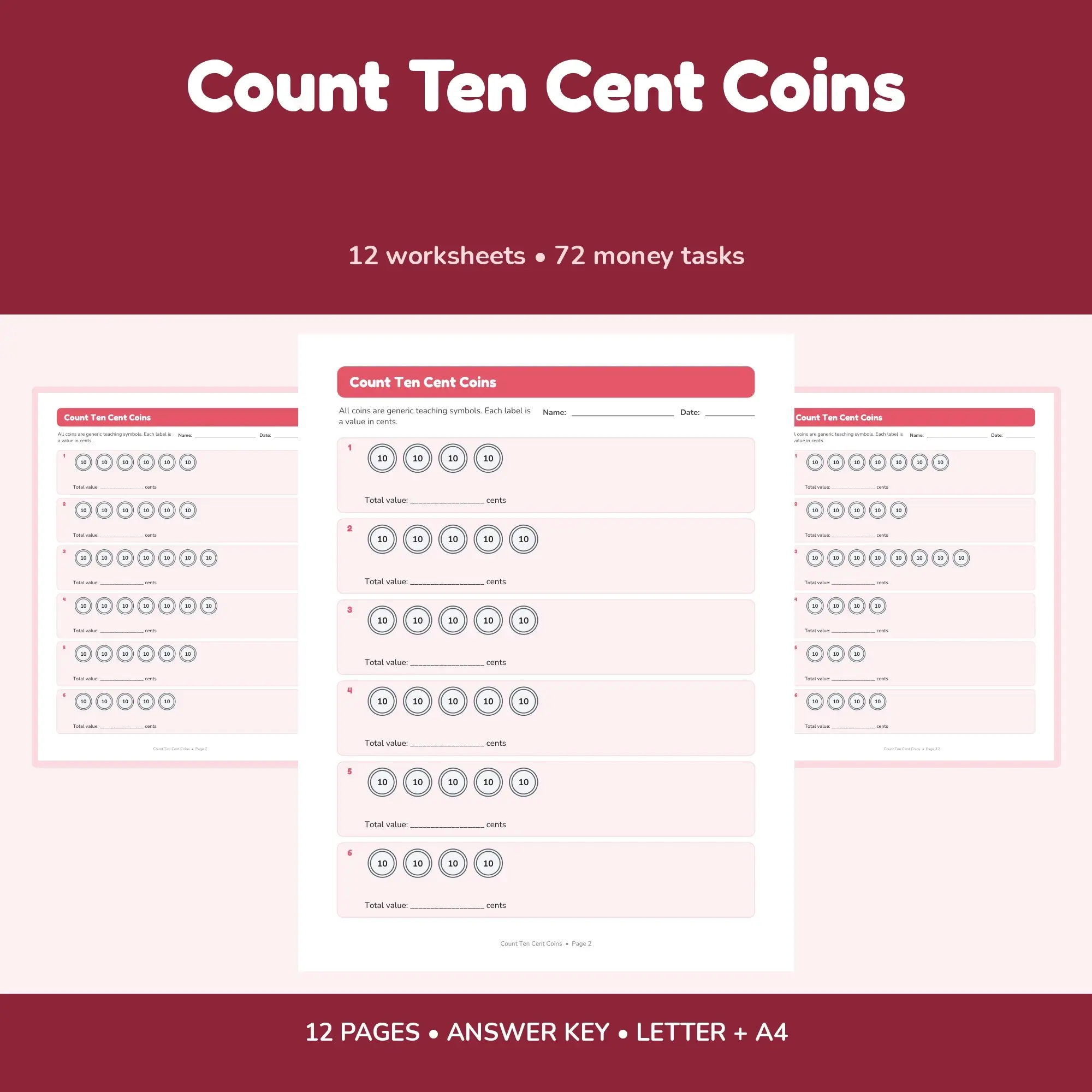 Count Ten Cent Coins - 12 Worksheets + Answer Key preview