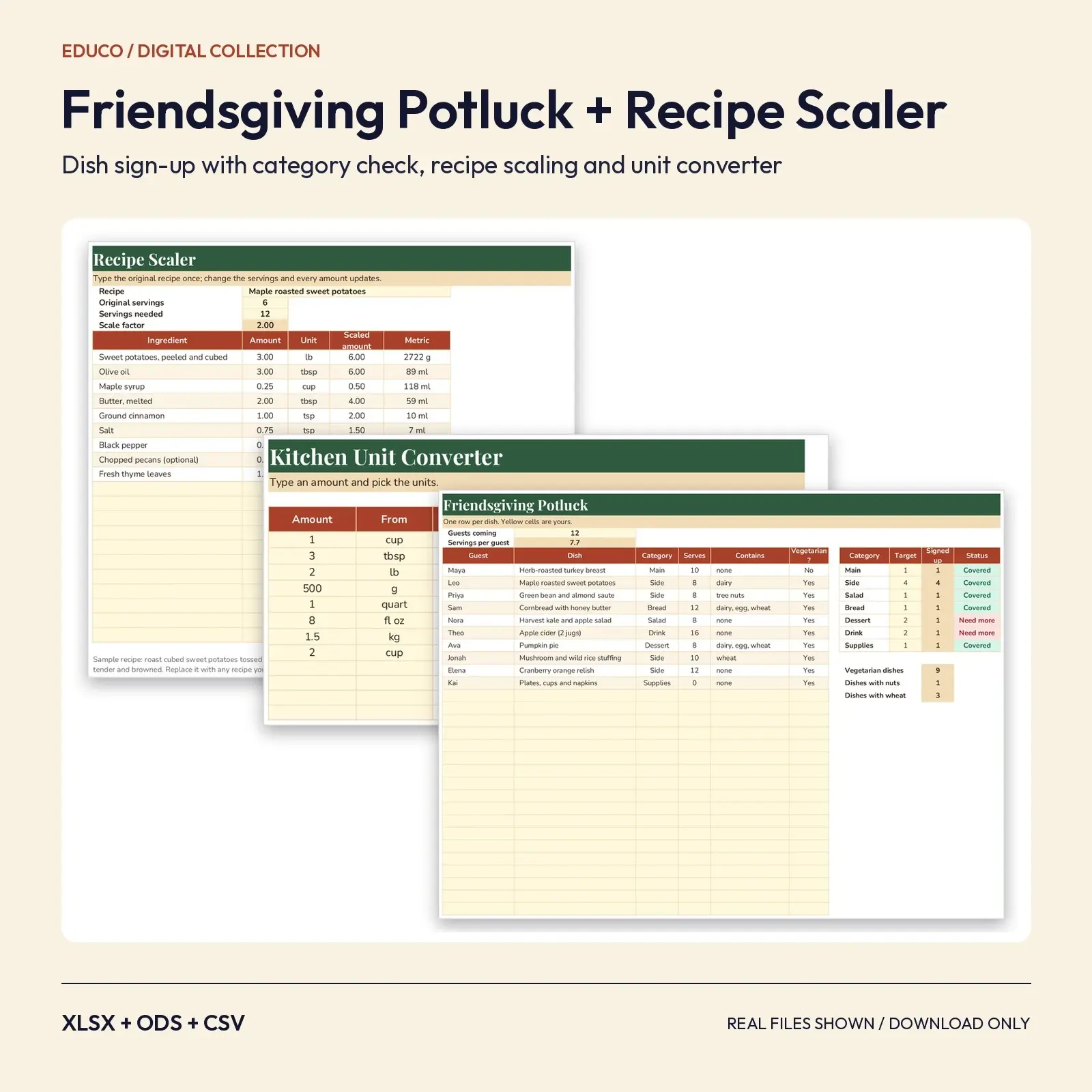 Friendsgiving Potluck Planner and Recipe Scaling Calculator Spreadsheet – Sign-Up, Servings Check and Unit Converter preview