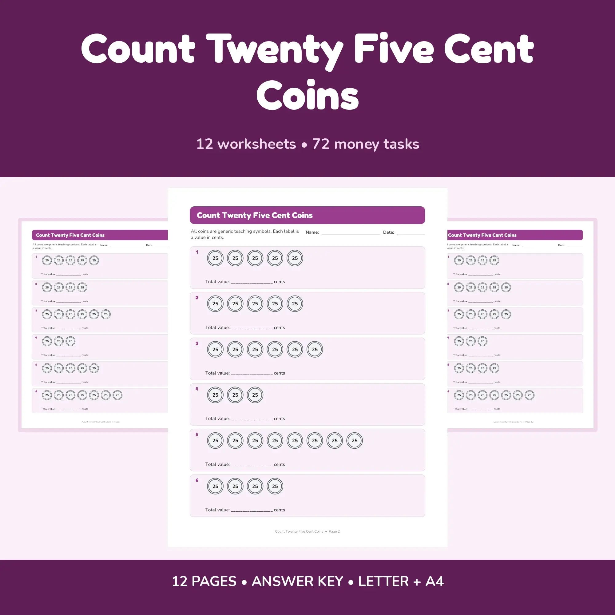 Count Twenty Five Cent Coins - 12 Worksheets + Answer Key preview