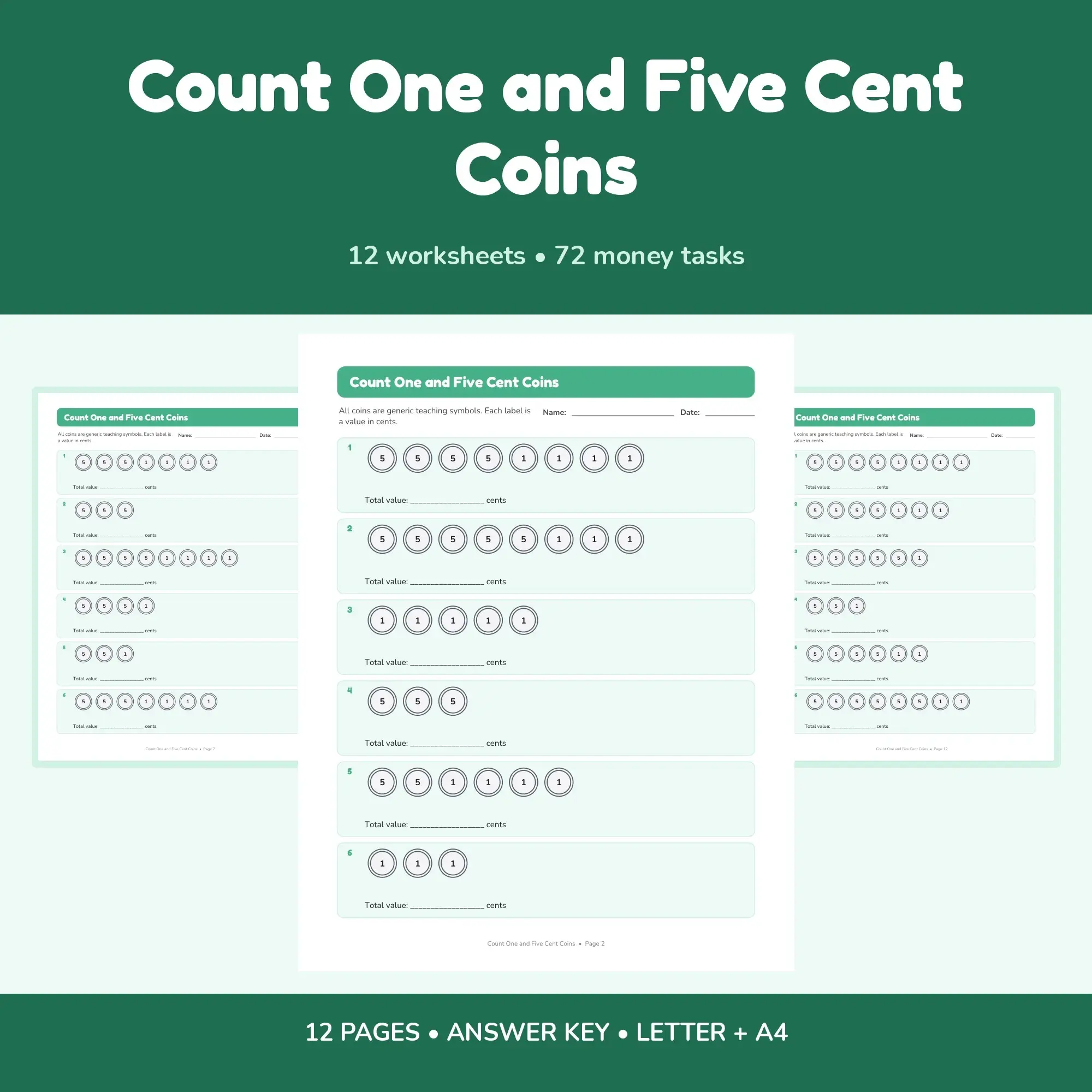 Count One and Five Cent Coins - 12 Worksheets + Answer Key preview