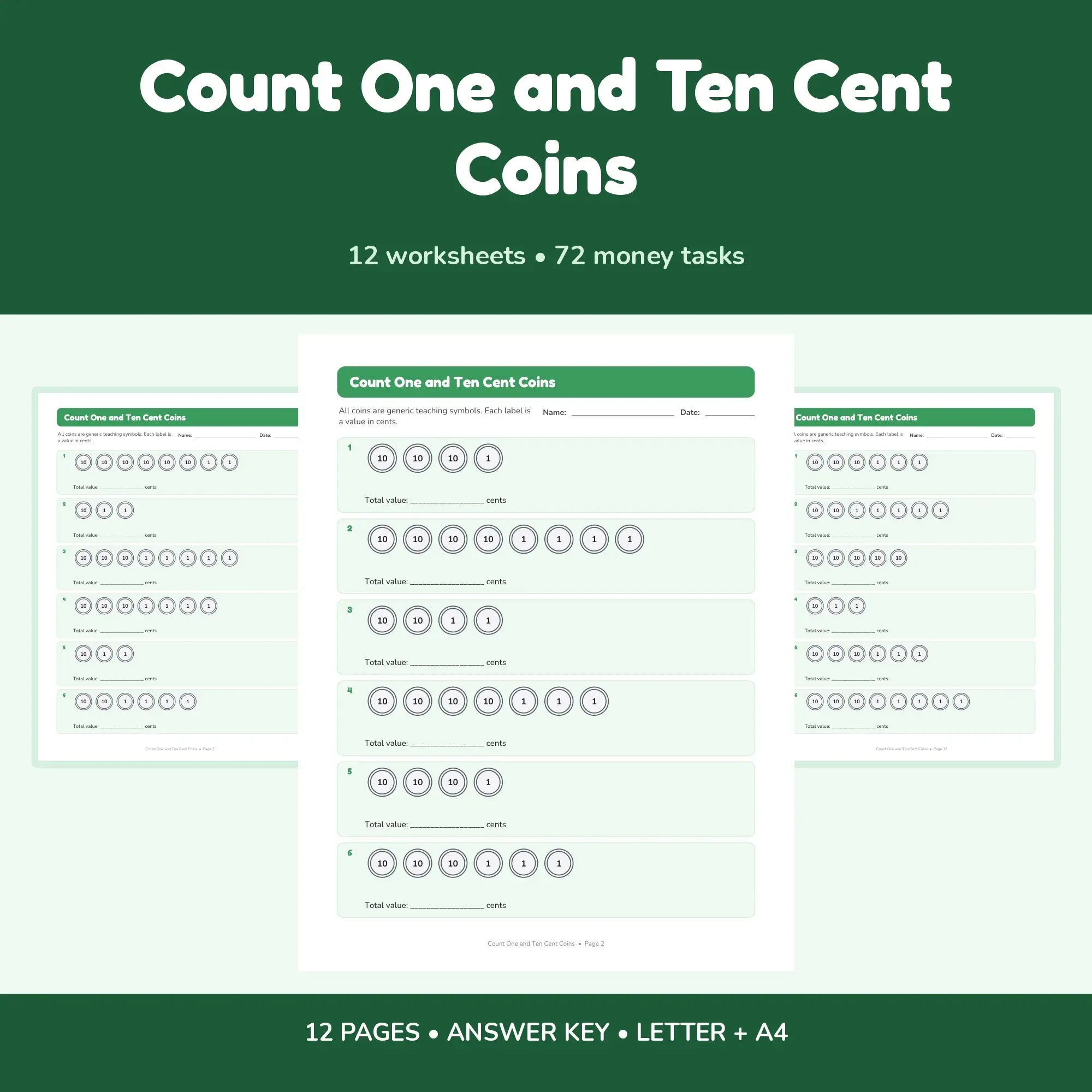 Count One and Ten Cent Coins - 12 Worksheets + Answer Key preview