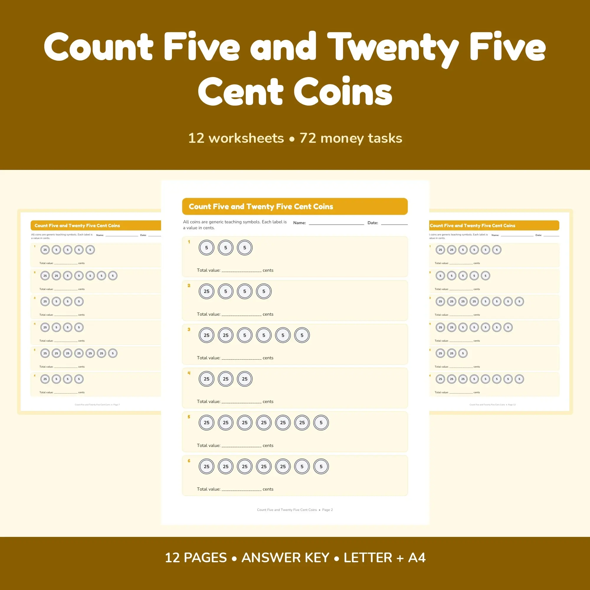 Count Five and Twenty Five Cent Coins - 12 Worksheets + Answer Key preview