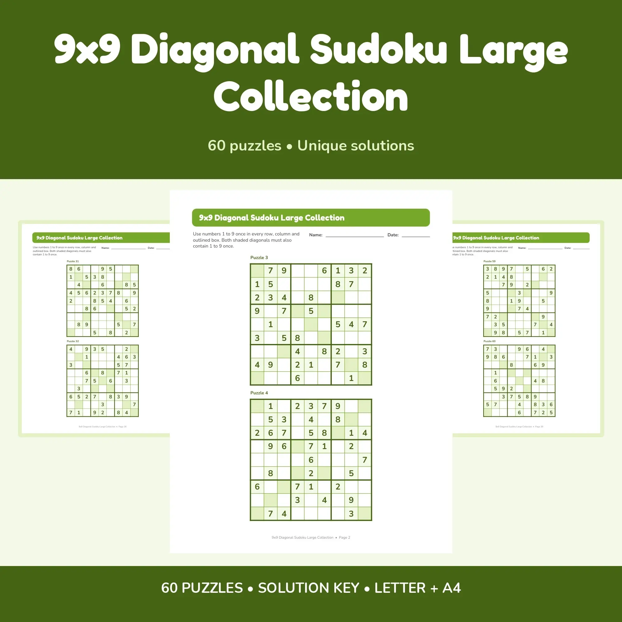 9x9 Diagonal Sudoku Large Collection - 60 Puzzles + Solutions preview