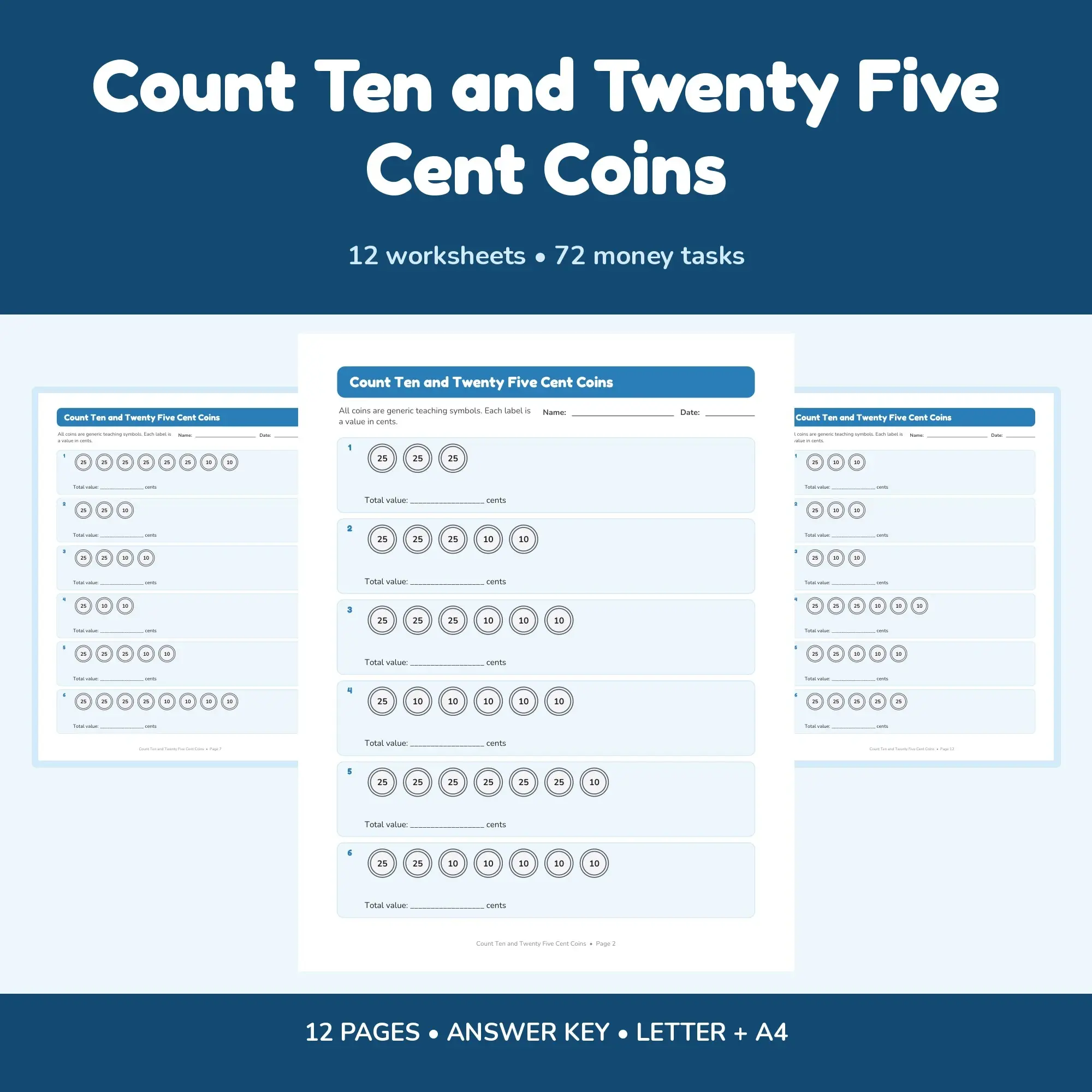 Count Ten and Twenty Five Cent Coins - 12 Worksheets + Answer Key preview