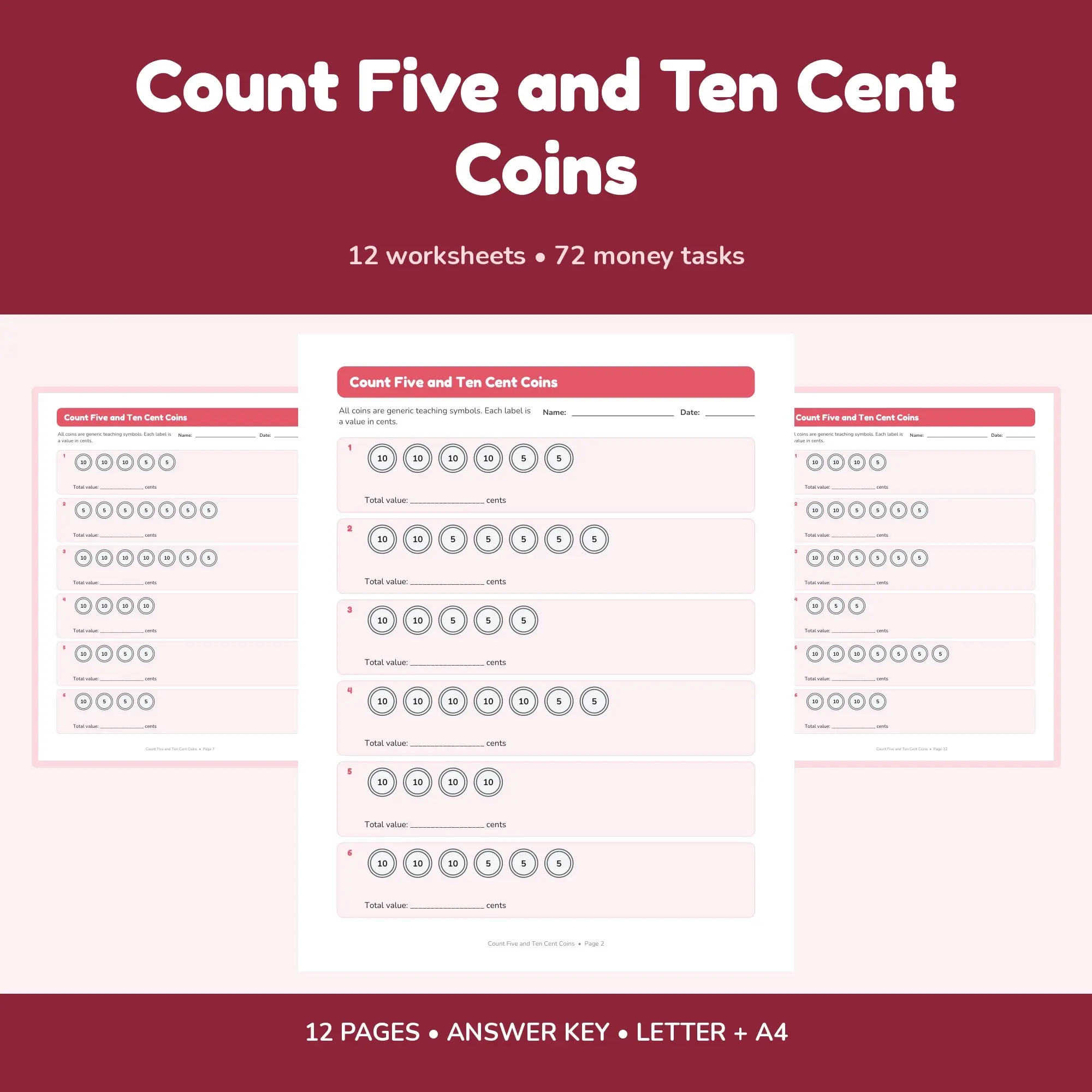 Count Five and Ten Cent Coins - 12 Worksheets + Answer Key preview