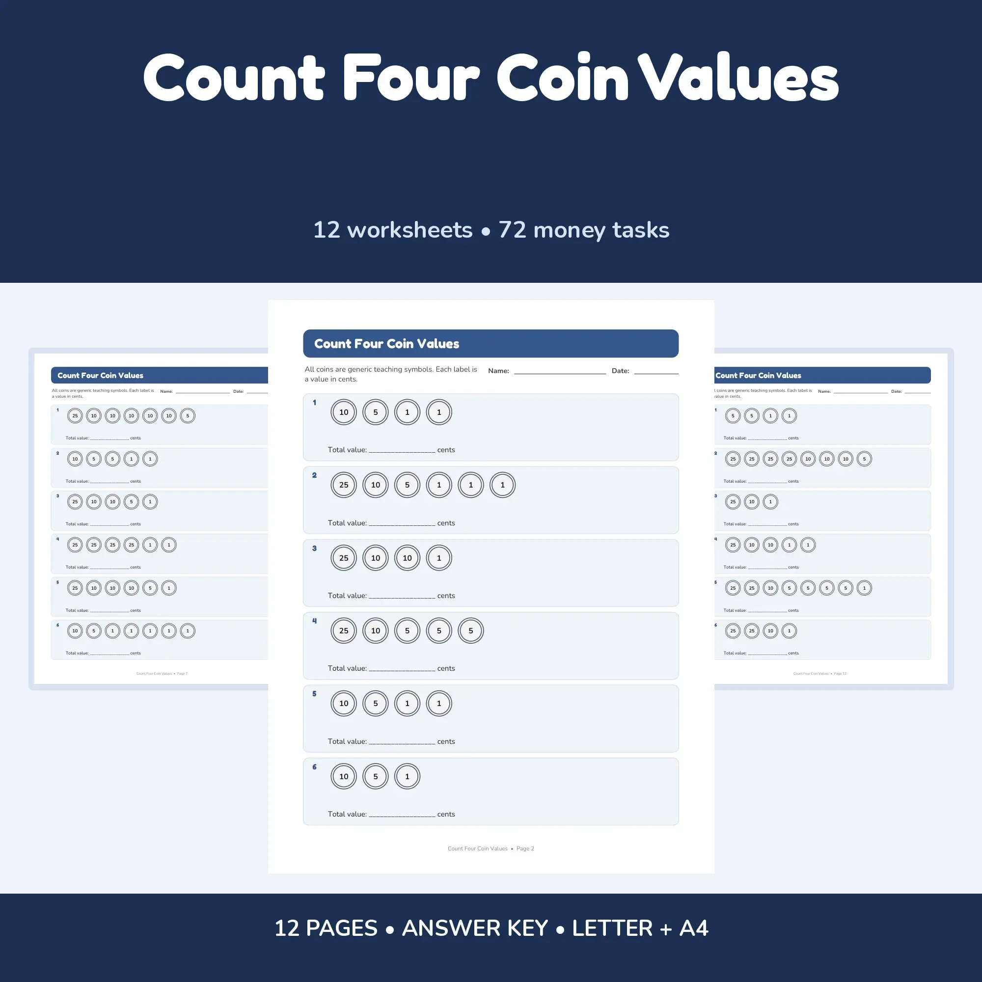 Count Four Coin Values - 12 Worksheets + Answer Key preview