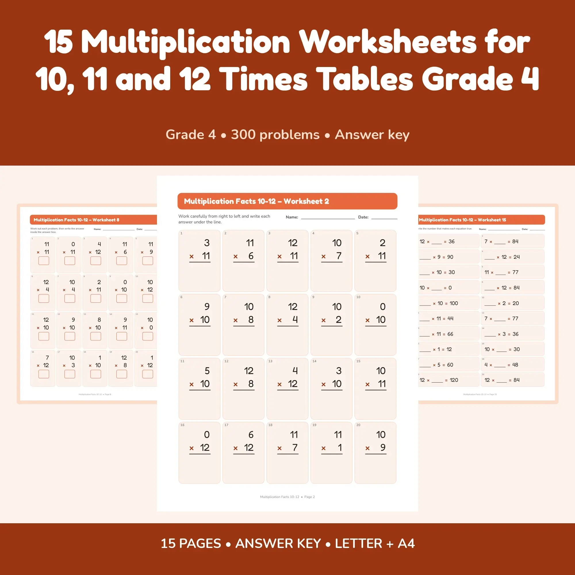 15 Multiplication Worksheets for 10, 11 and 12 Times Tables Grade 4 preview
