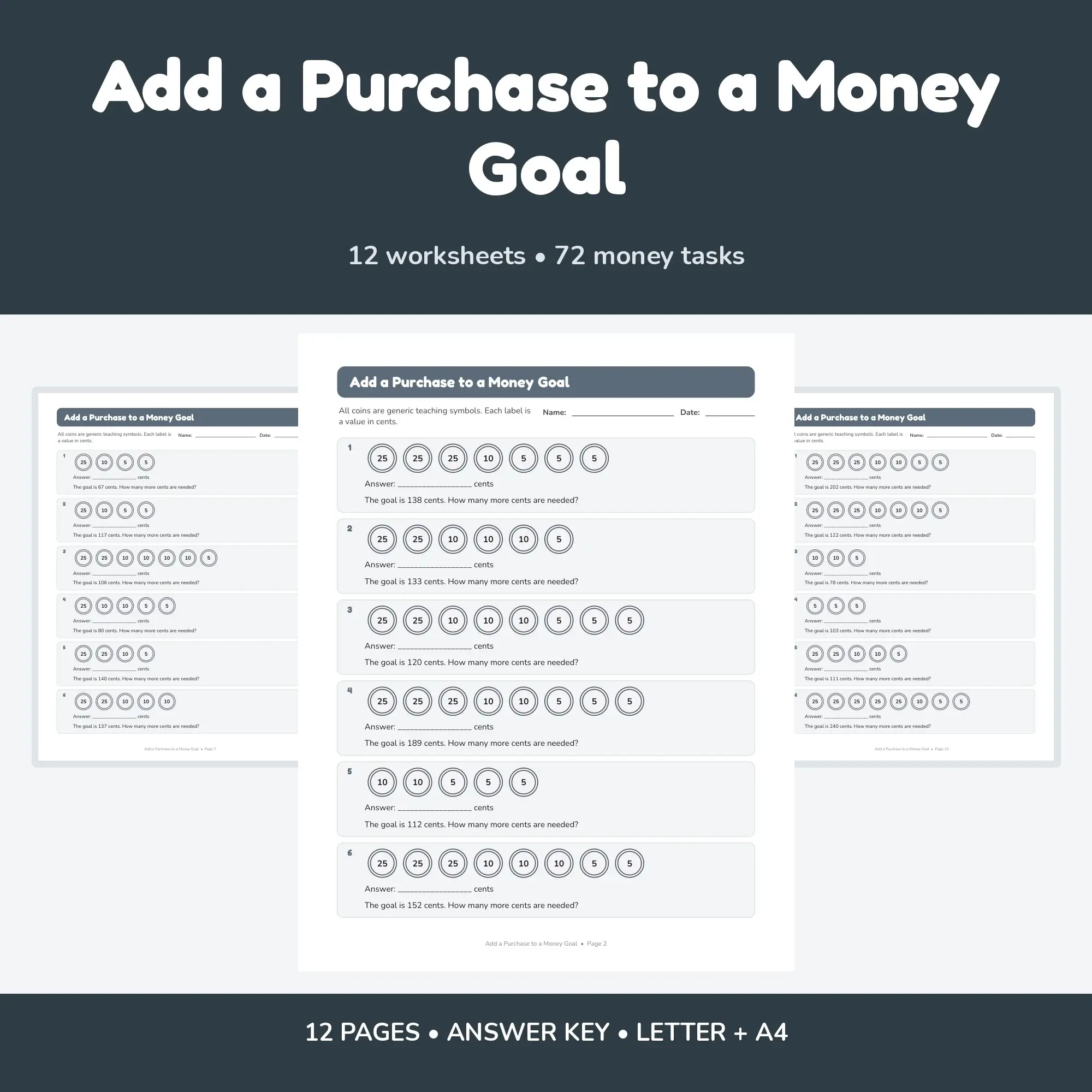 Add a Purchase to a Money Goal - 12 Worksheets + Answer Key preview