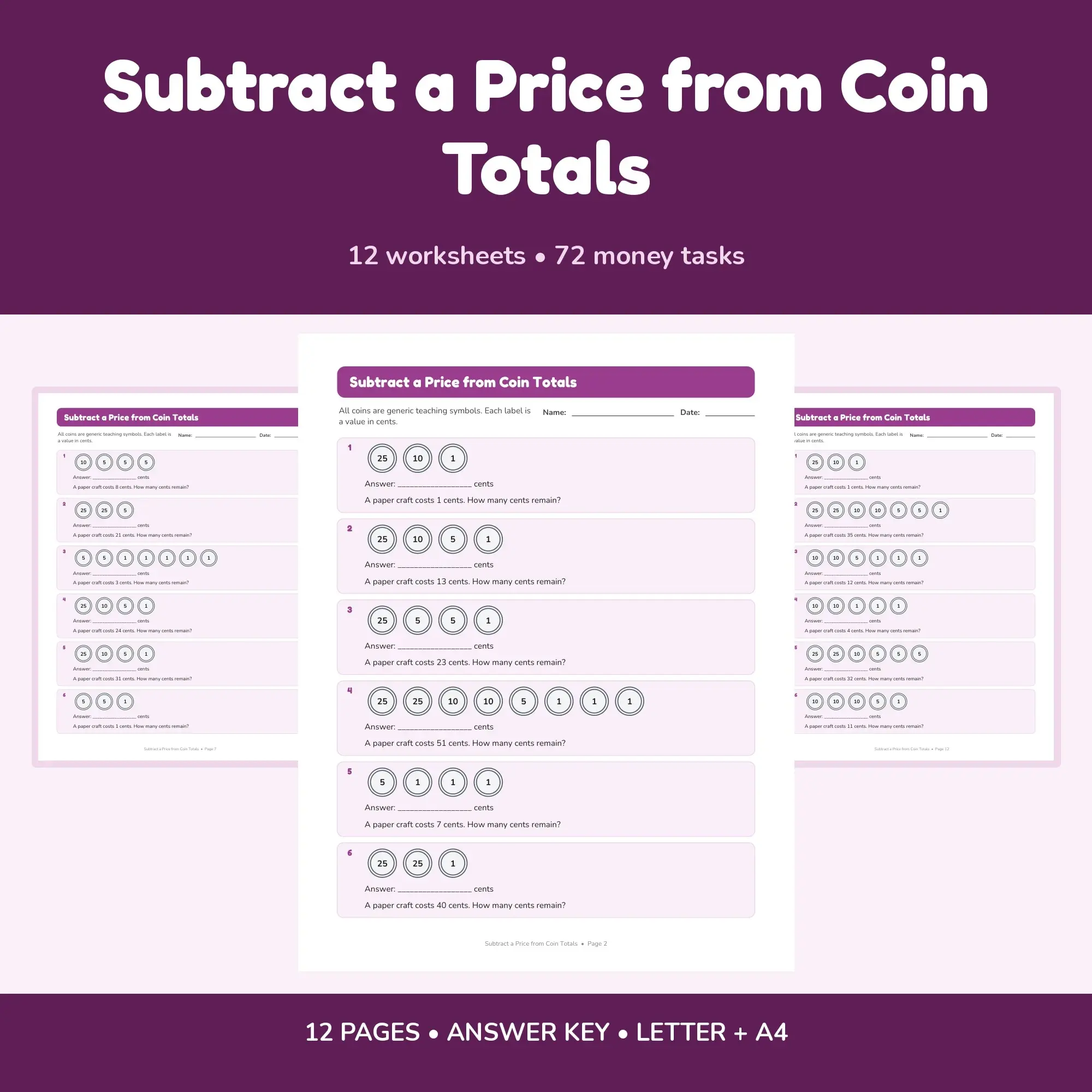Subtract a Price from Coin Totals - 12 Worksheets + Answer Key preview