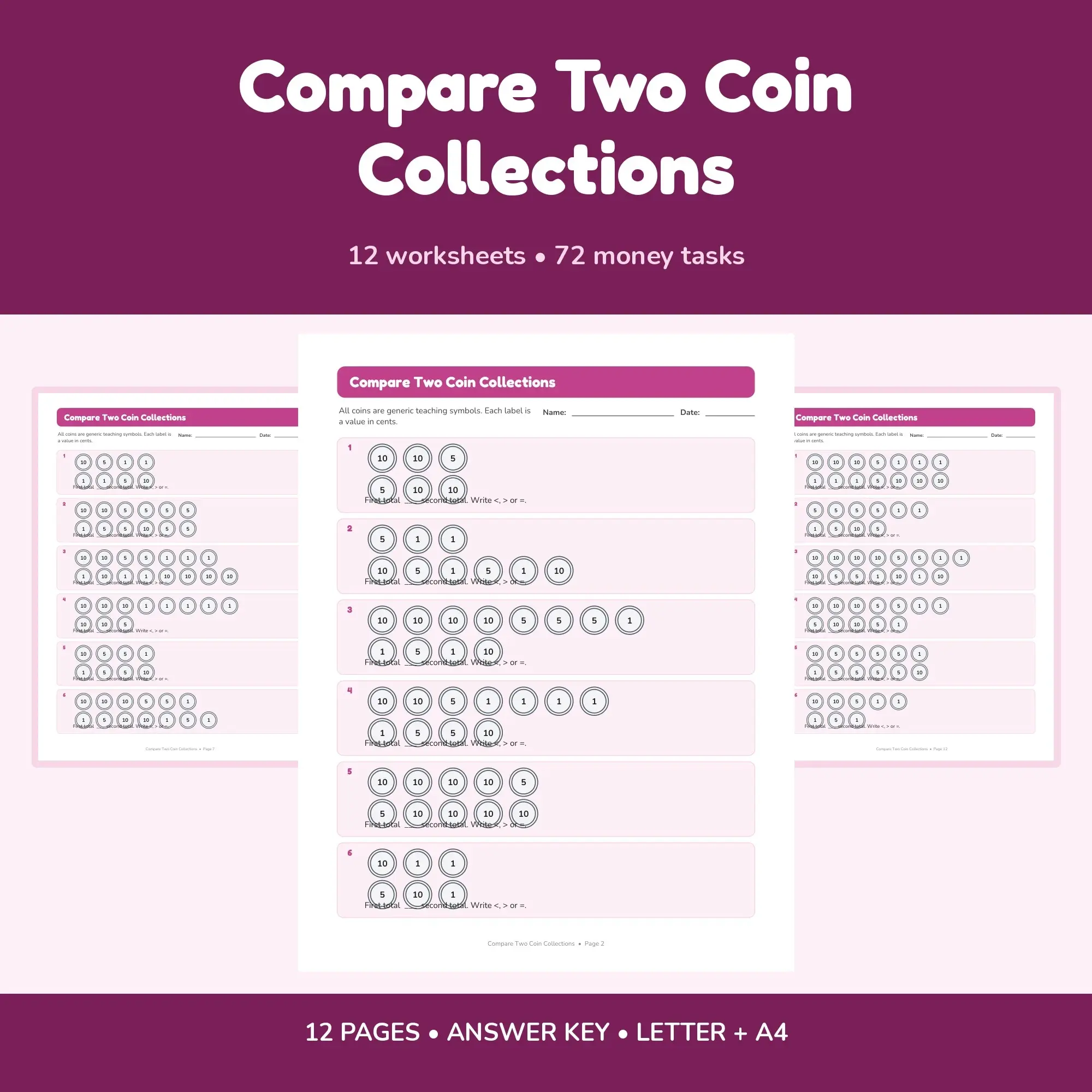 Compare Two Coin Collections - 12 Worksheets + Answer Key preview