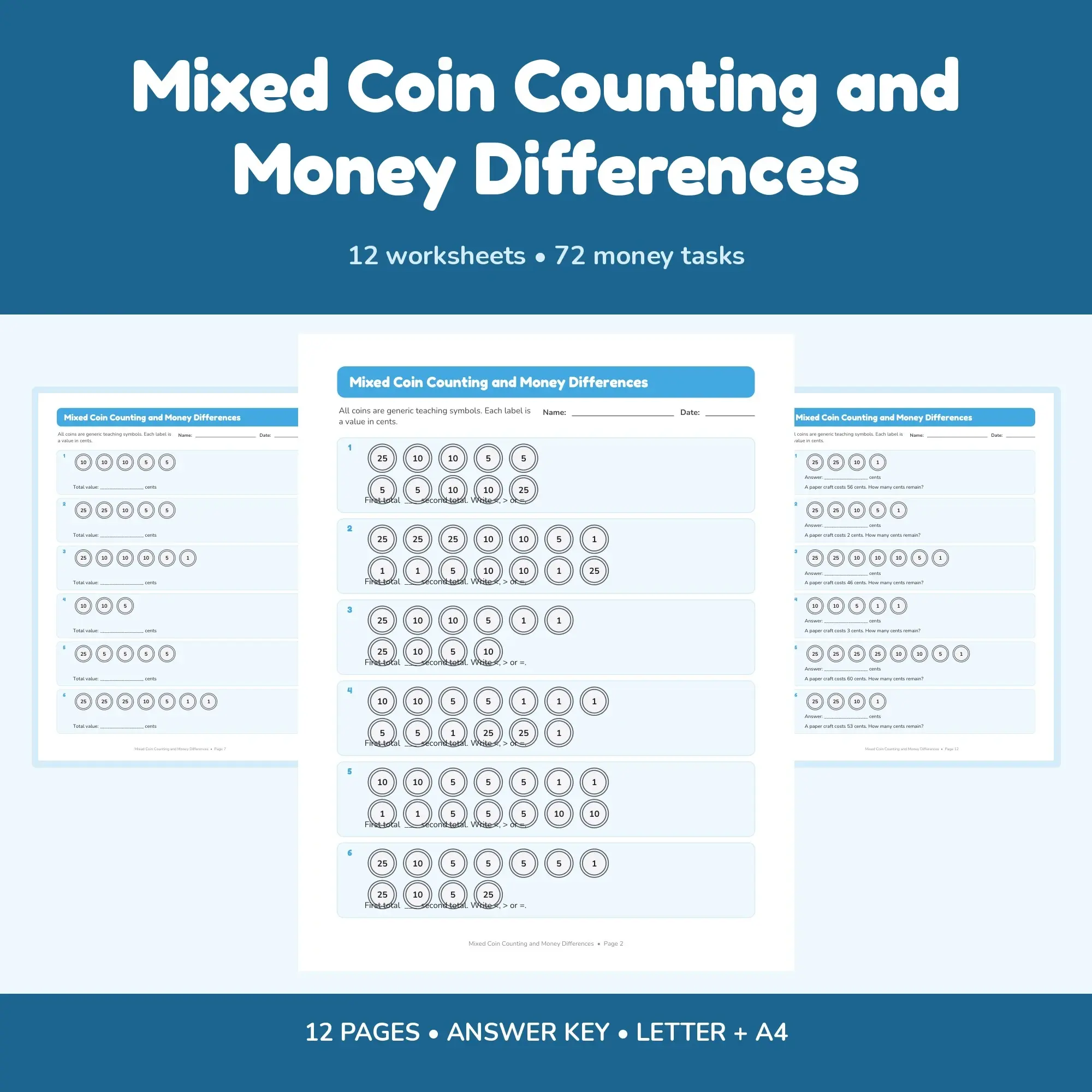 Mixed Coin Counting and Money Differences - 12 Worksheets + Answer Key preview