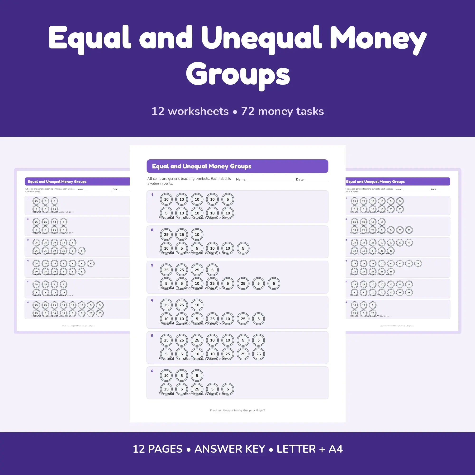 Equal and Unequal Money Groups - 12 Worksheets + Answer Key preview