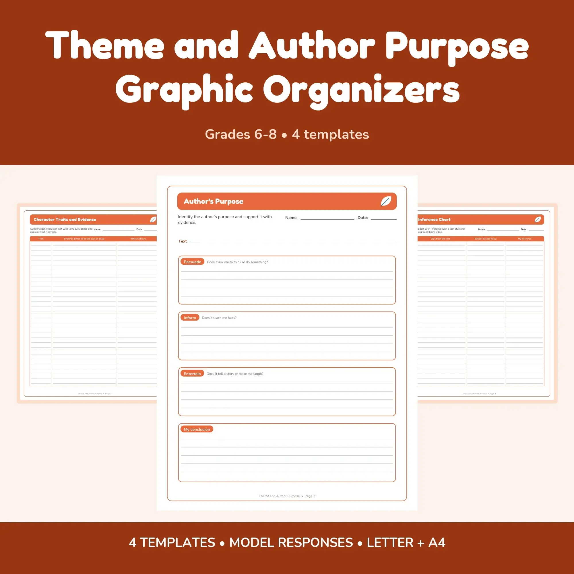 Theme and Author Purpose Graphic Organizers - 4 Templates + Models preview