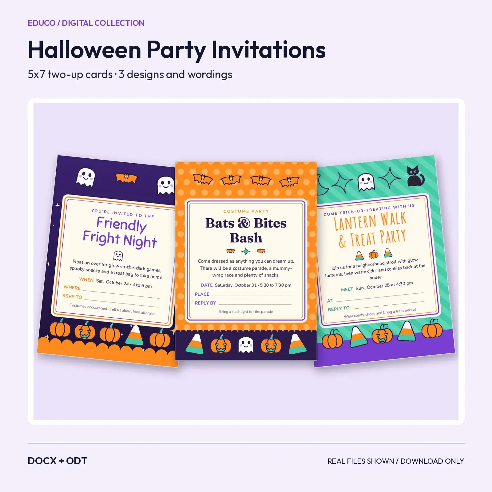 Halloween Party Invitation Templates 5x7 – Ghosts and Bats, 3 Designs, Editable DOCX and ODT preview