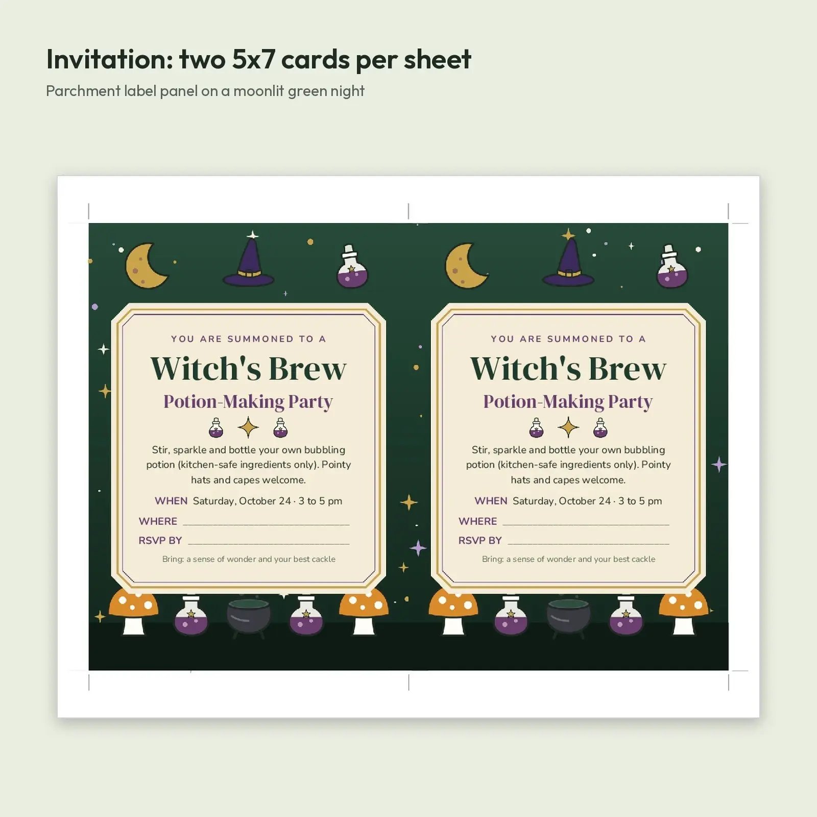 Witch's Brew Potion-Making Party Invitation and RSVP Card Set – Editable DOCX, ODT and PDF, preview 2 of 4