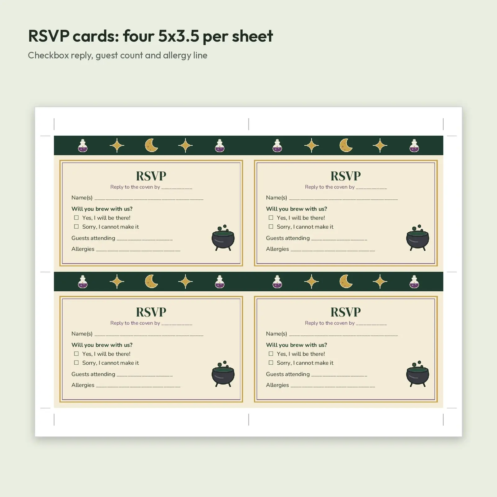 Witch's Brew Potion-Making Party Invitation and RSVP Card Set – Editable DOCX, ODT and PDF, preview 3 of 4