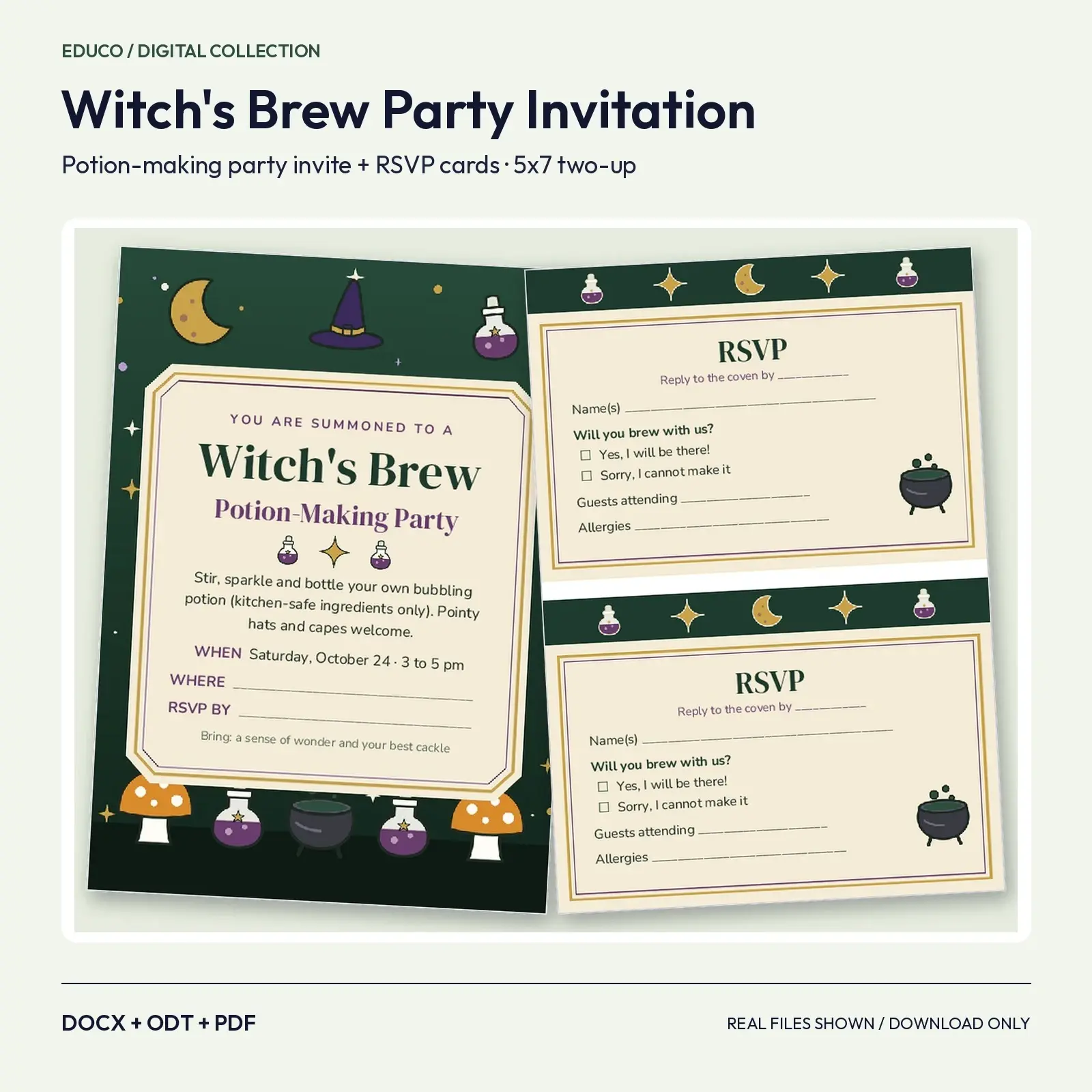 Witch's Brew Potion-Making Party Invitation and RSVP Card Set – Editable DOCX, ODT and PDF, preview 1 of 4