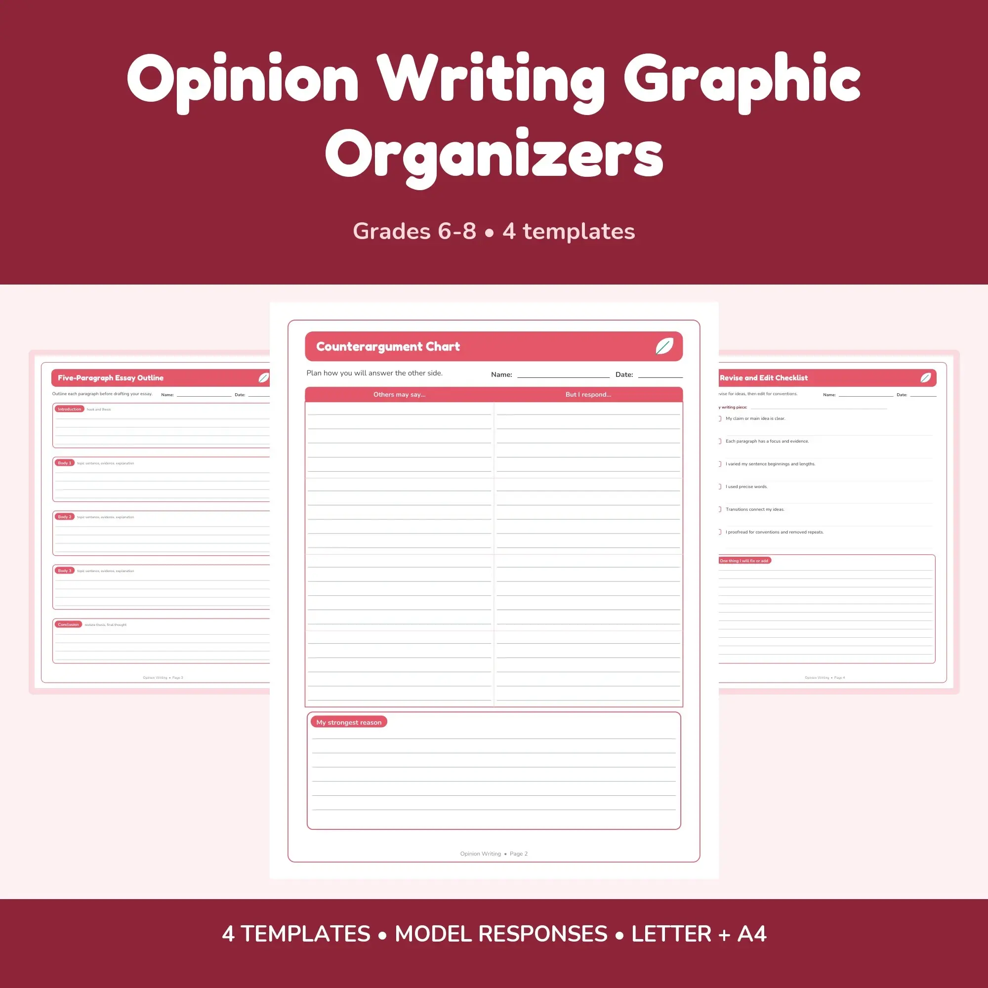 Opinion Writing Graphic Organizers - 4 Templates + Models preview