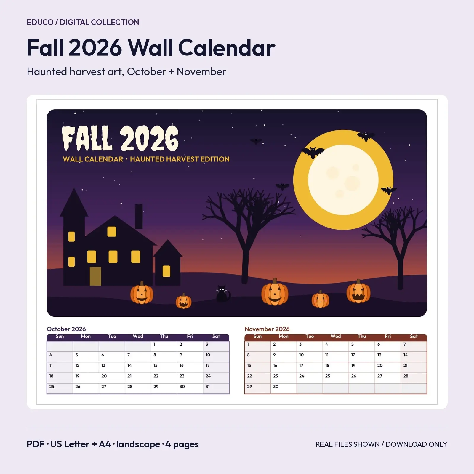 Haunted Harvest Fall 2026 Wall Calendar Printable - October and November Landscape Pages with Original Art, 4 Pages preview