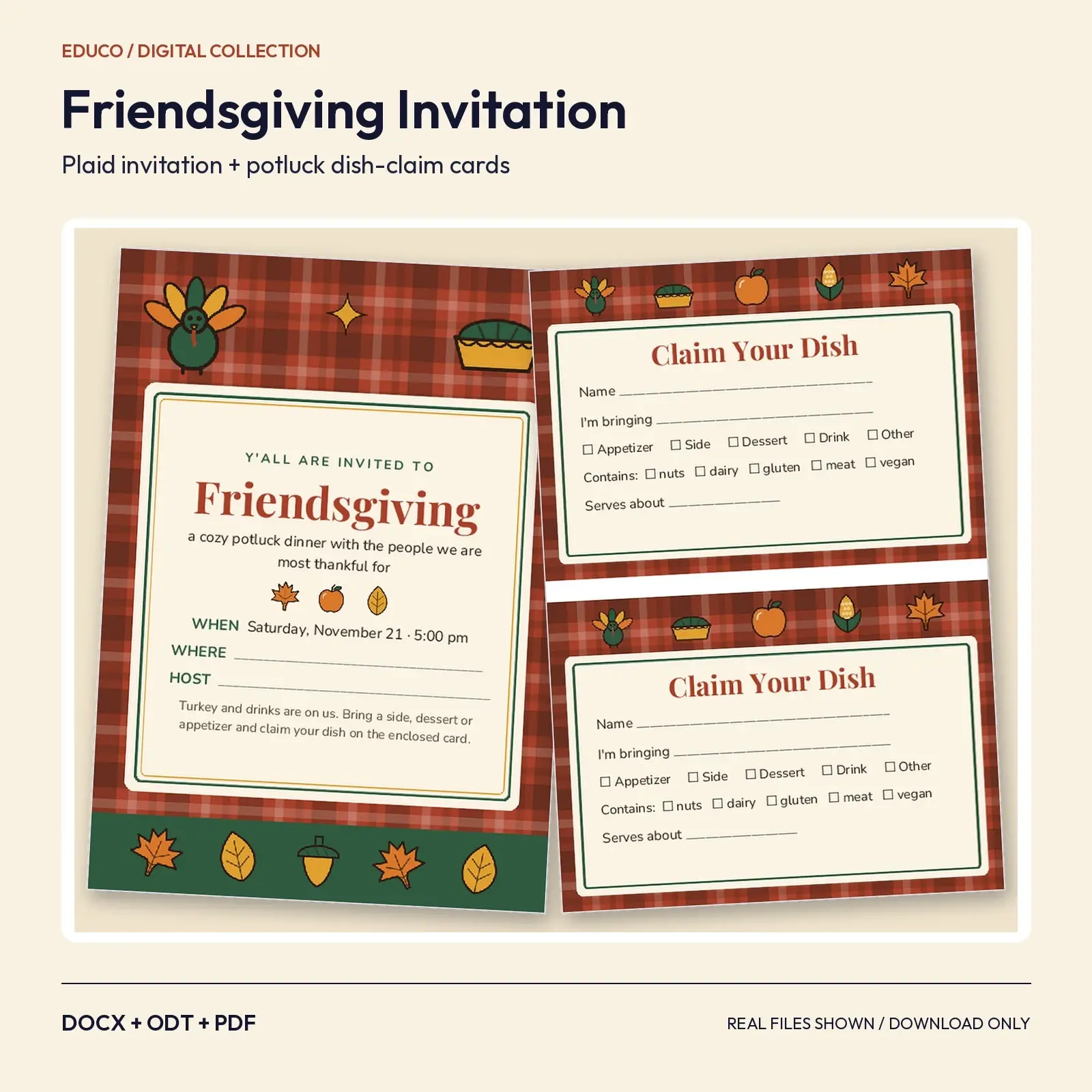 Friendsgiving Invitation with Potluck Dish Claim Card – Plaid 5x7 Template, DOCX, ODT and PDF preview