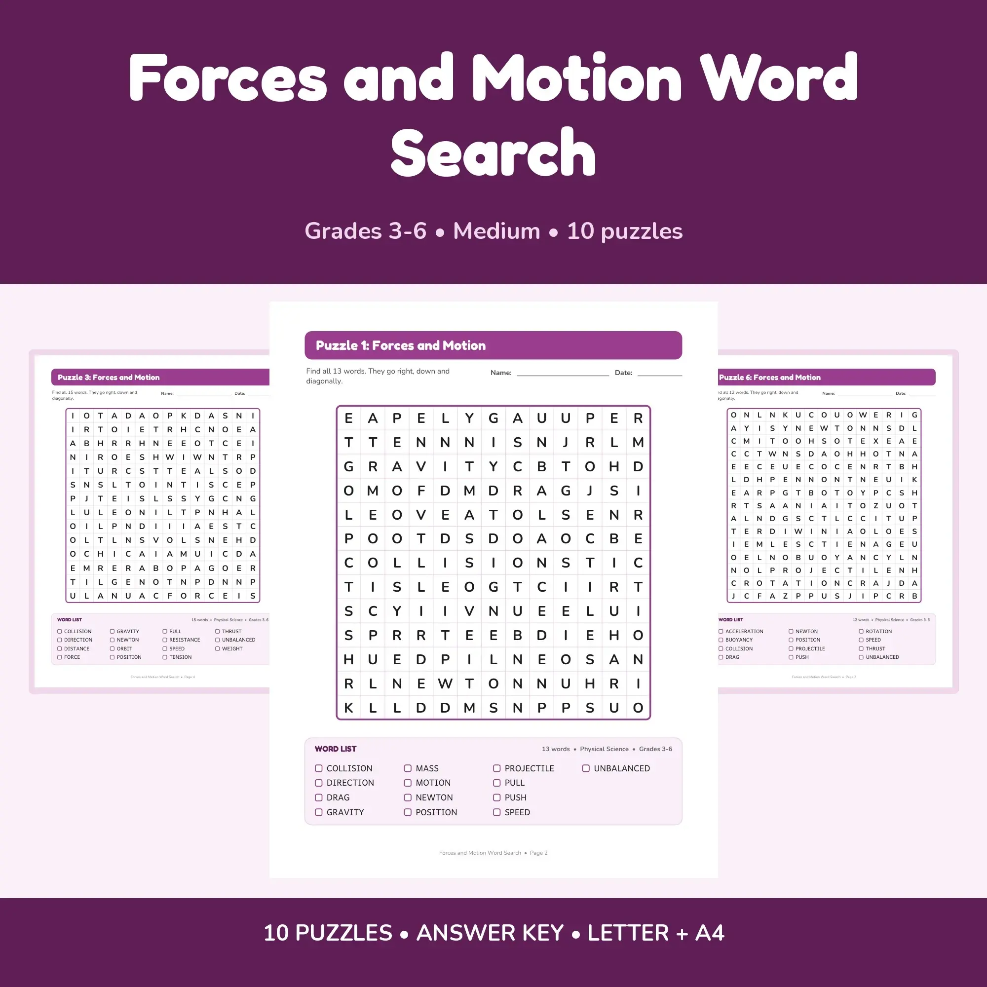 10 Forces and Motion Word Search Puzzles for Kids, Grades 3-6 (Printable PDF) preview