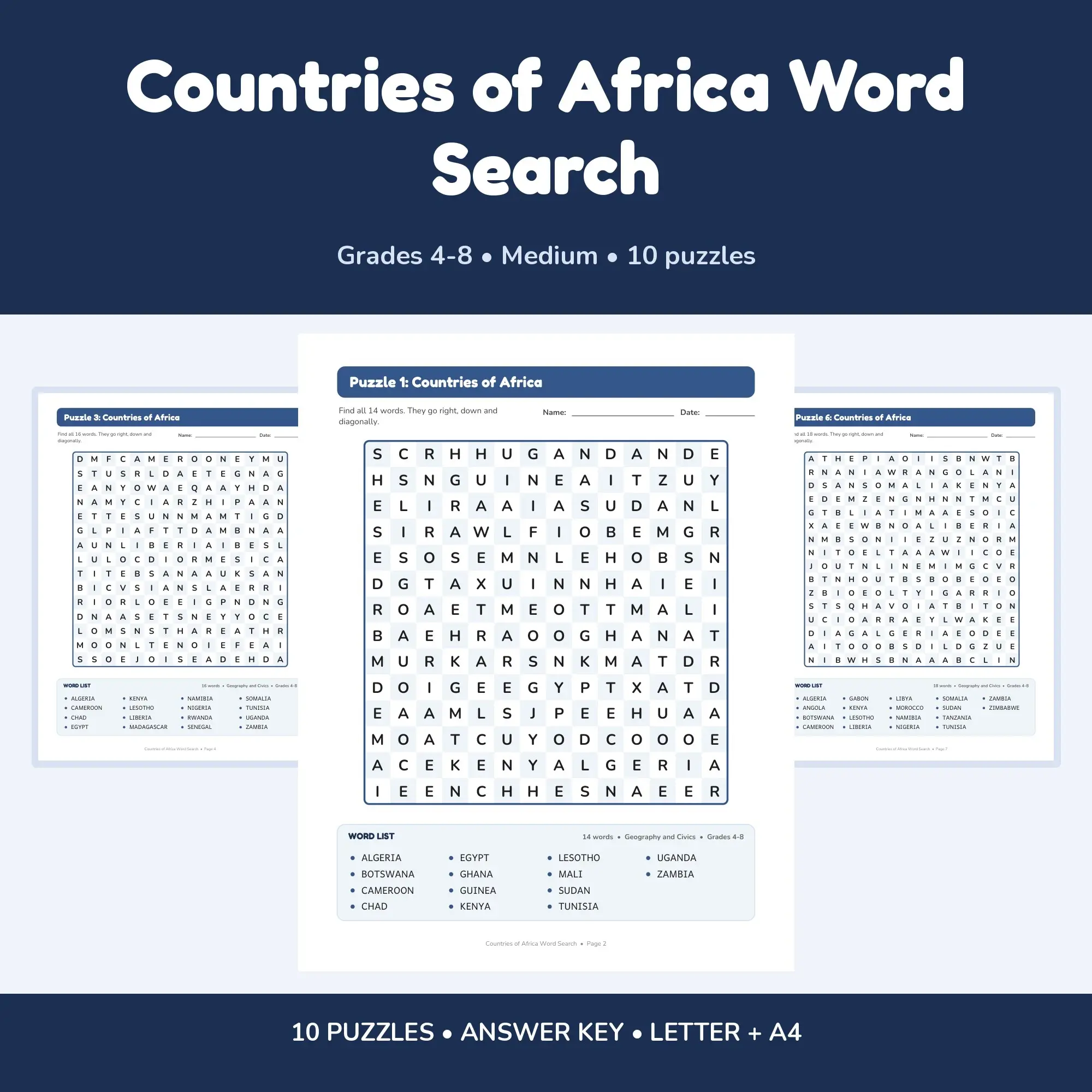 10 Countries of Africa Word Search Puzzles for Kids, Grades 4-8 (Printable PDF) preview